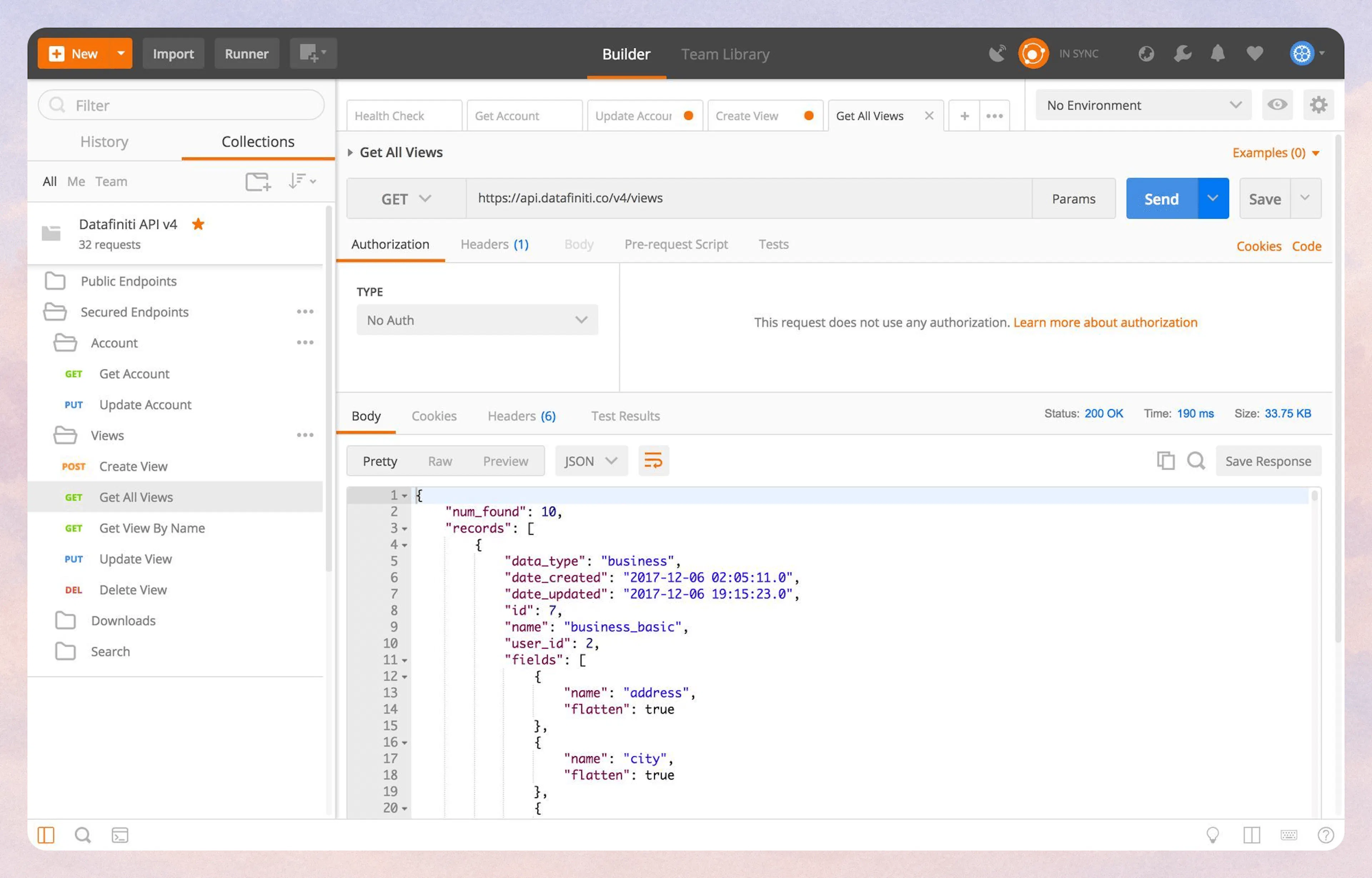 Get All Views endpoint showing list of available views