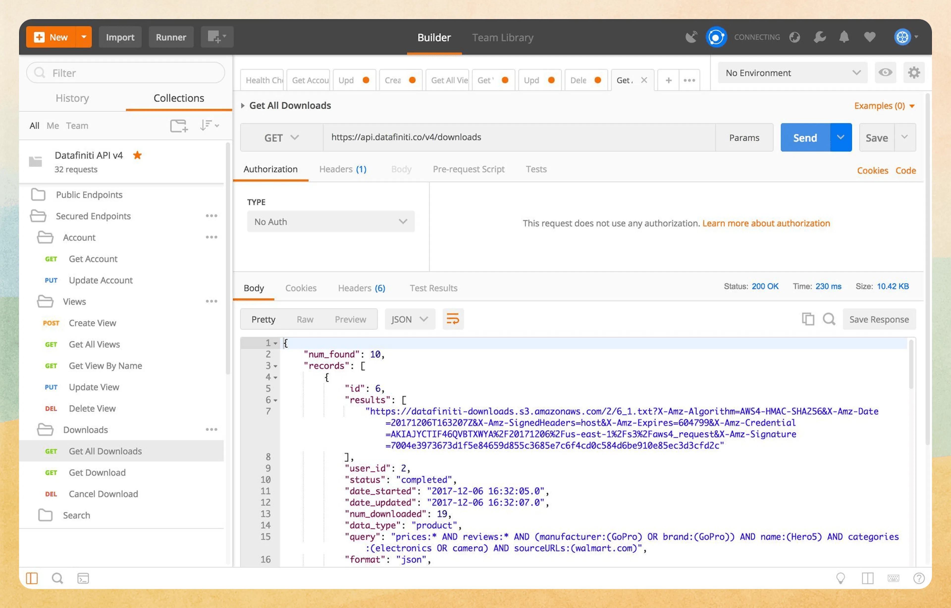 Get All Downloads endpoint showing download history