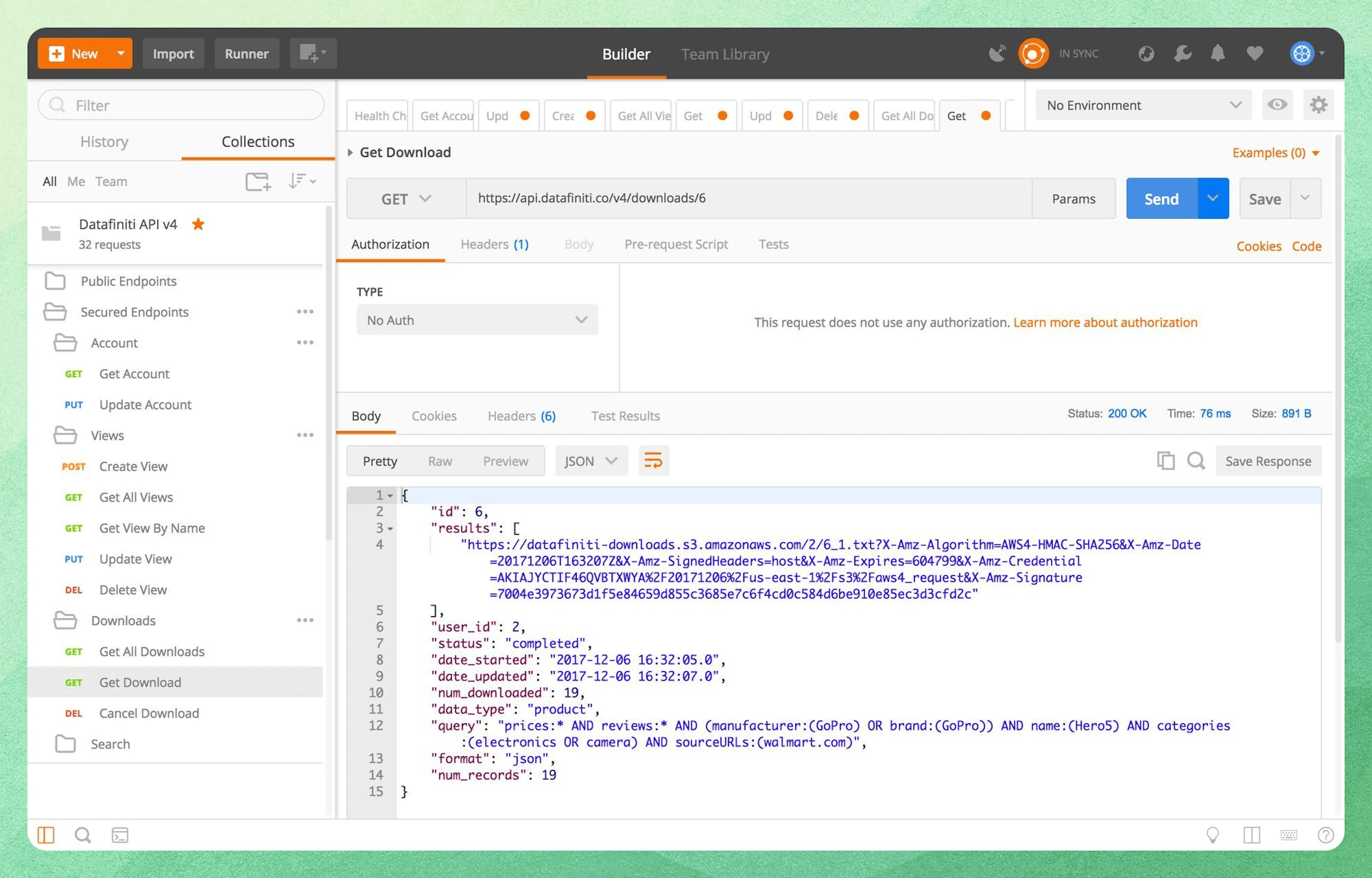 Get Download endpoint showing download details and status