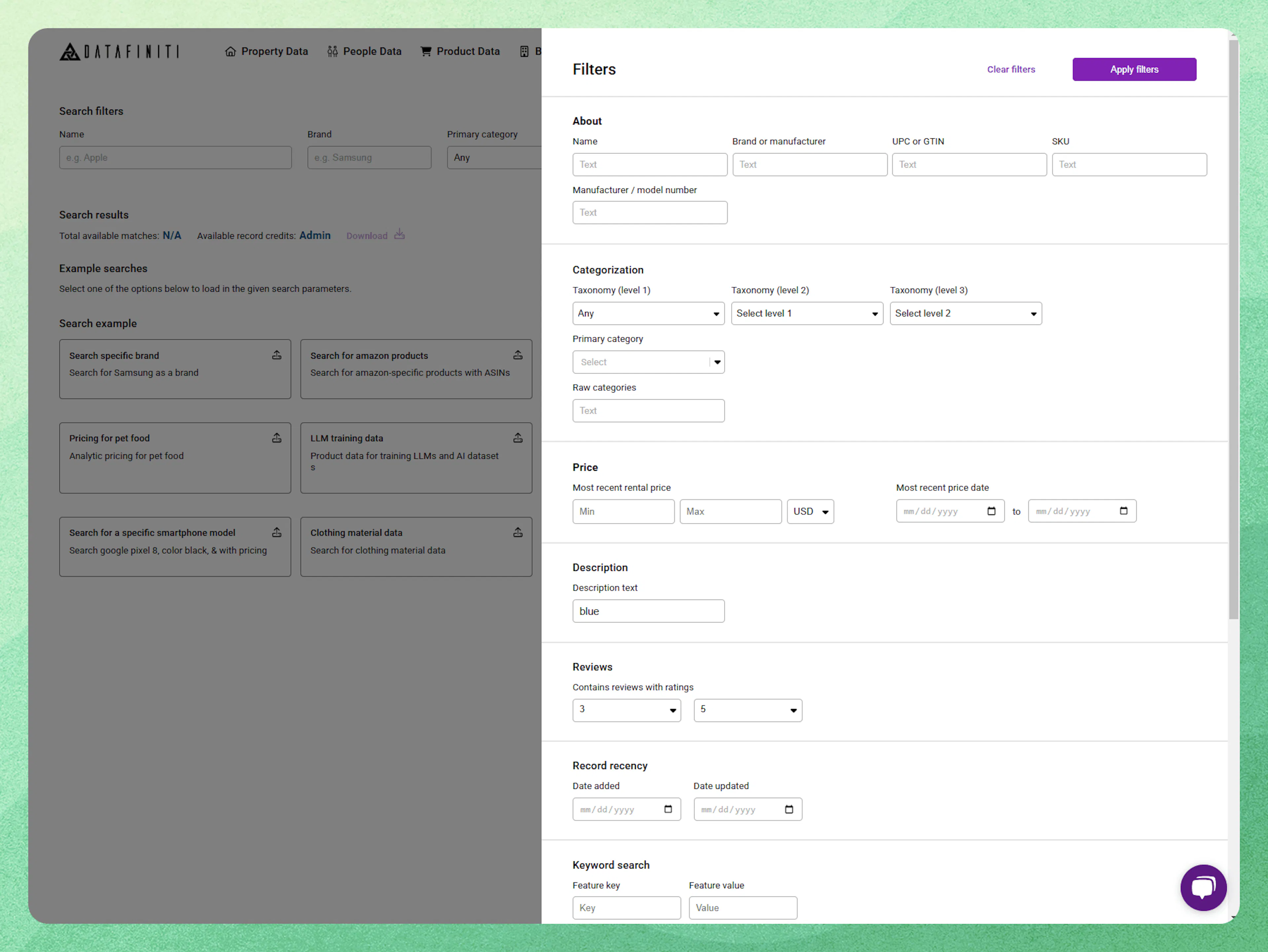 Screenshot showing product data filter builder
