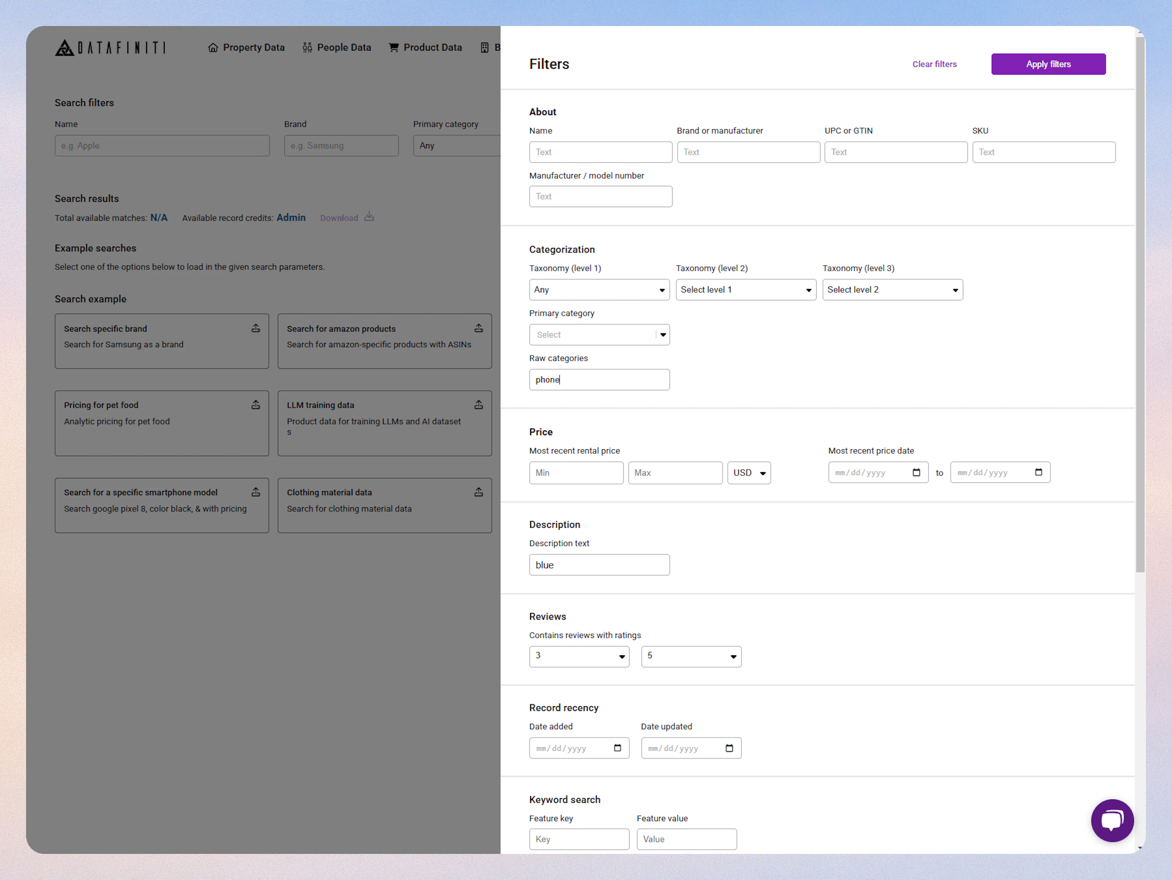 Screenshot showing product data filter builder