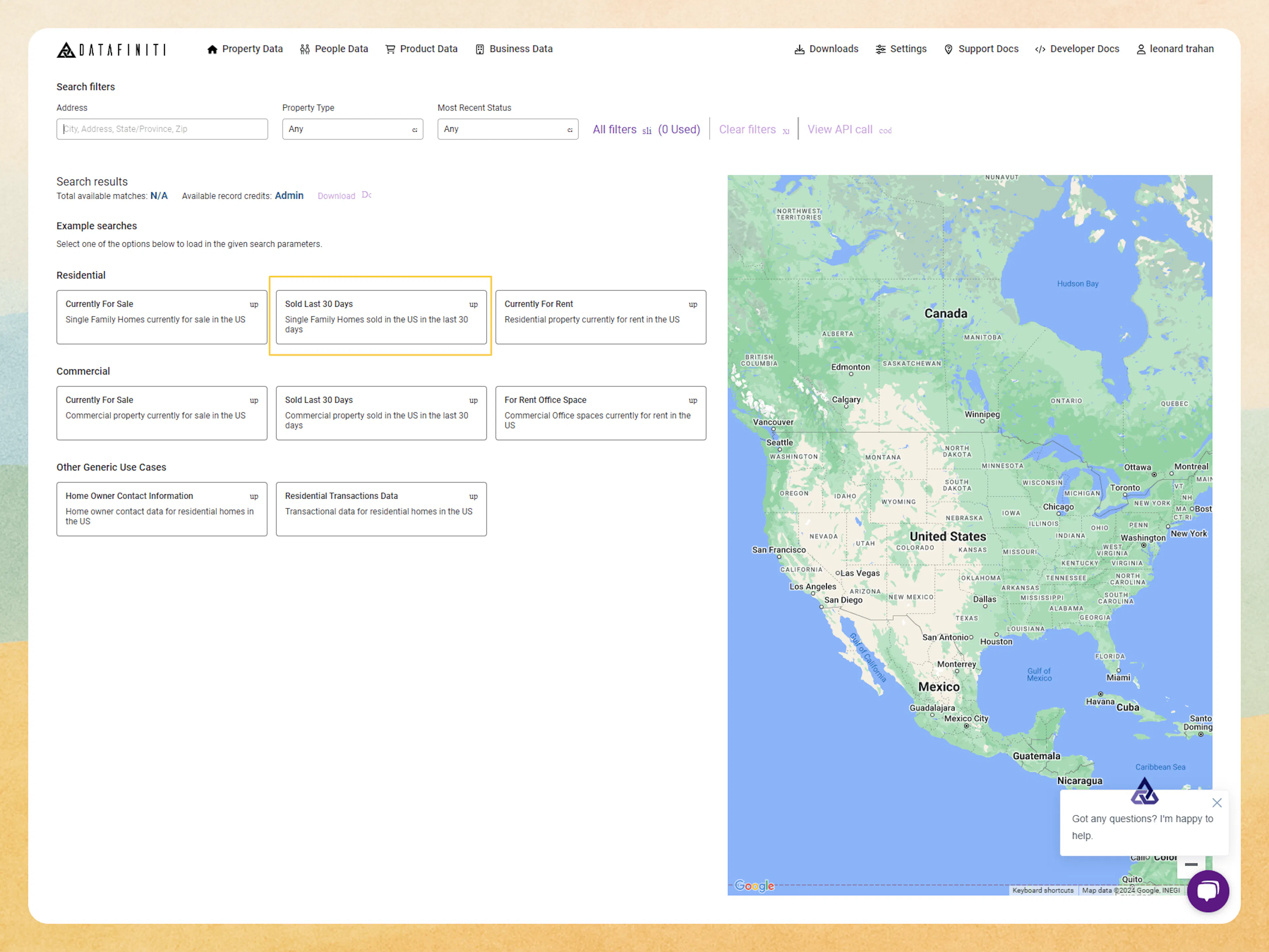 Screenshot showing quick example searches