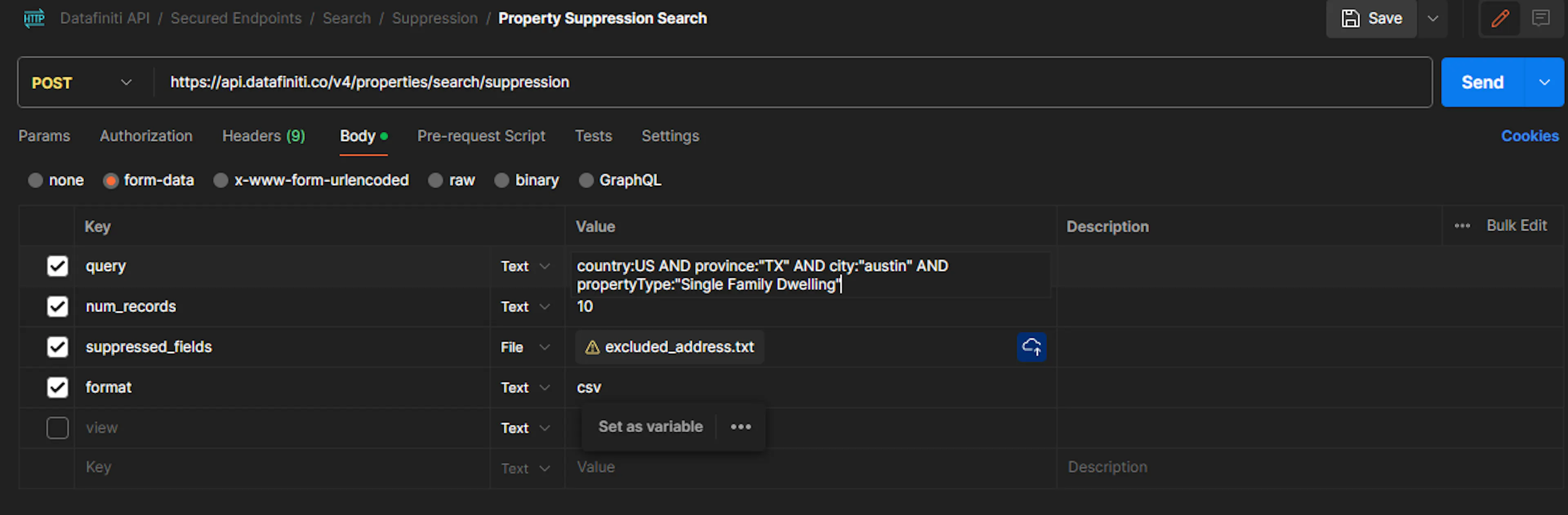 Postman suppression API call setup