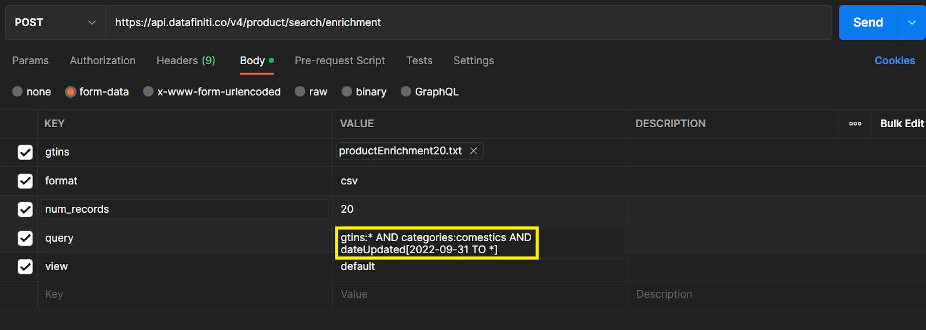 Enrichment query configuration in Postman