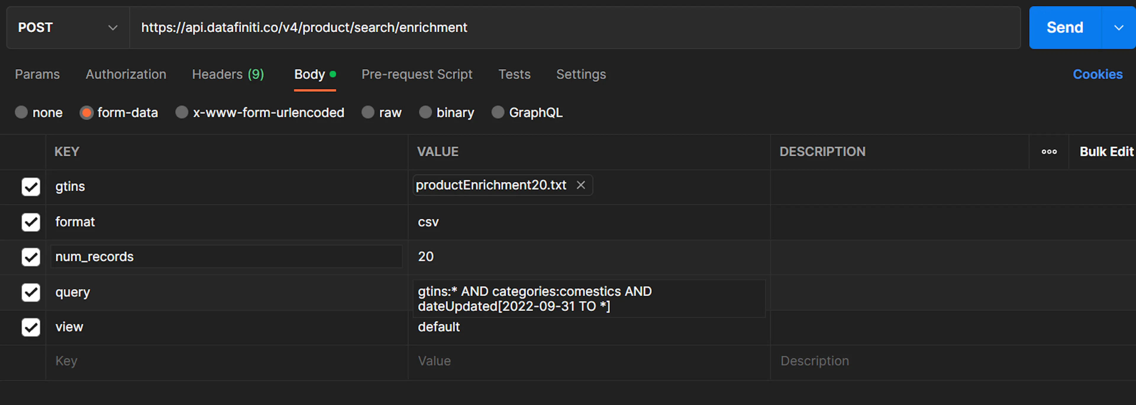 Final enrichment parameters in Postman