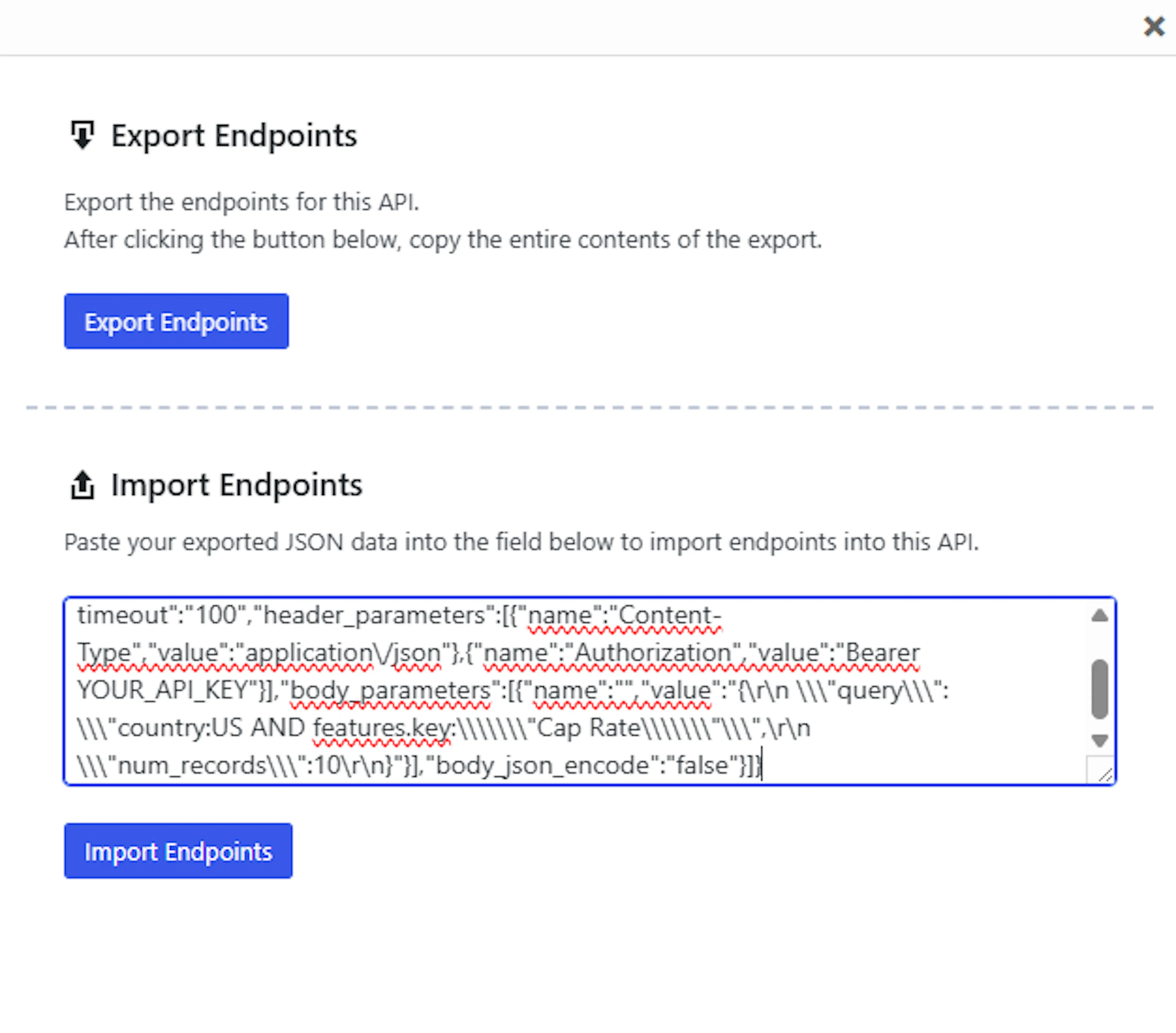 Screenshot showing 3. import wpgetapi datafiniti api connection