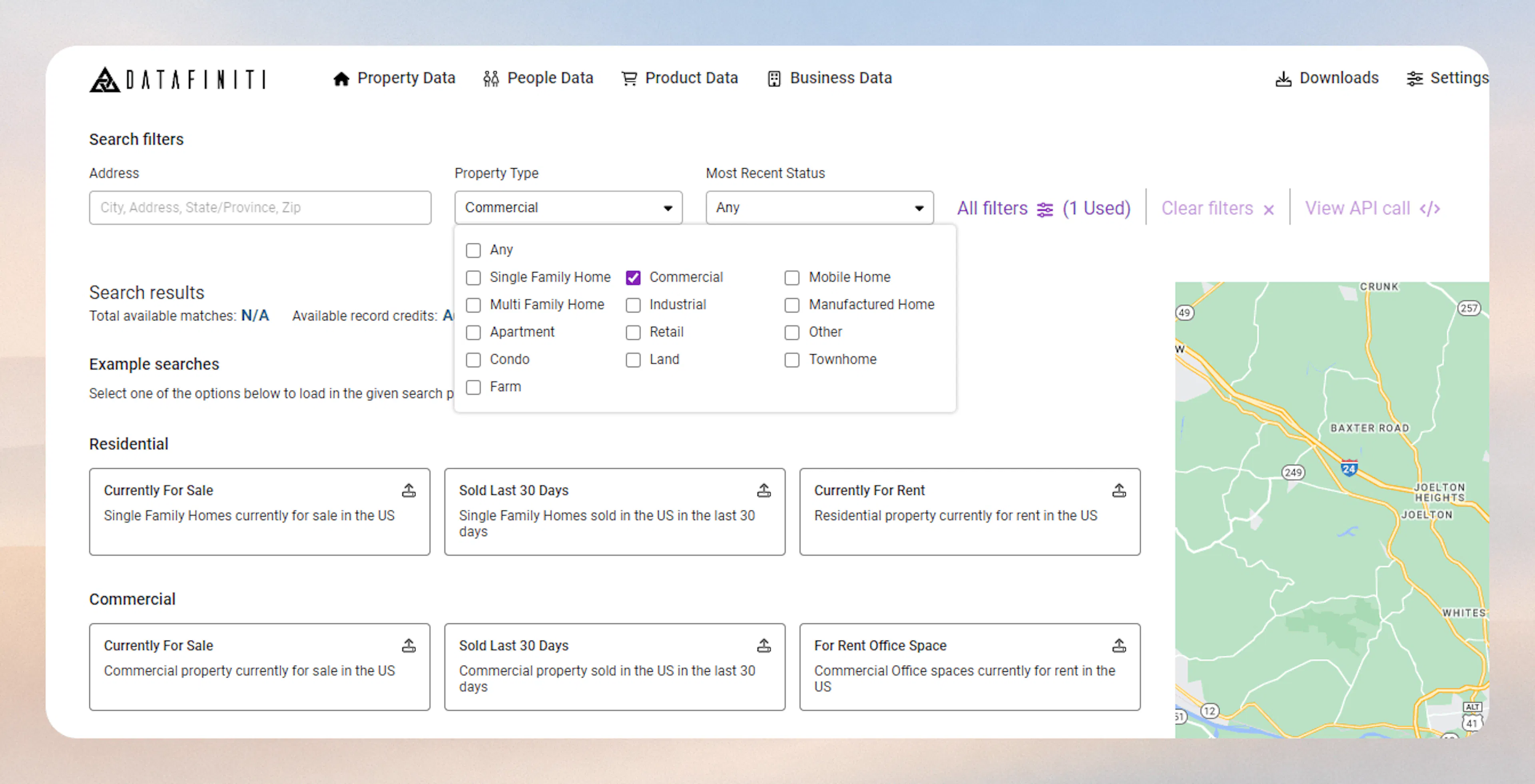Screenshot showing search for commercial properties