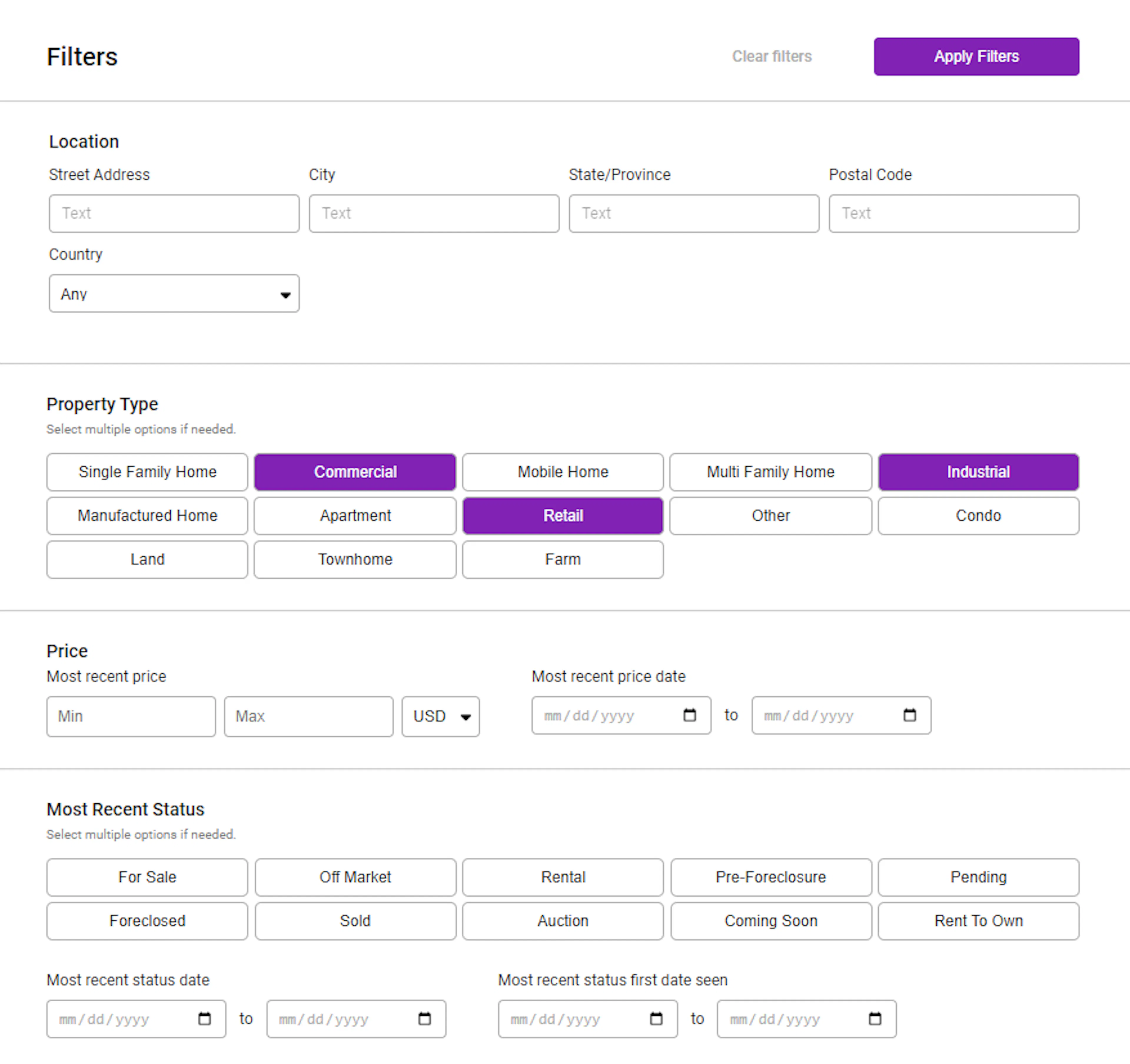 Screenshot showing search for commercial properties