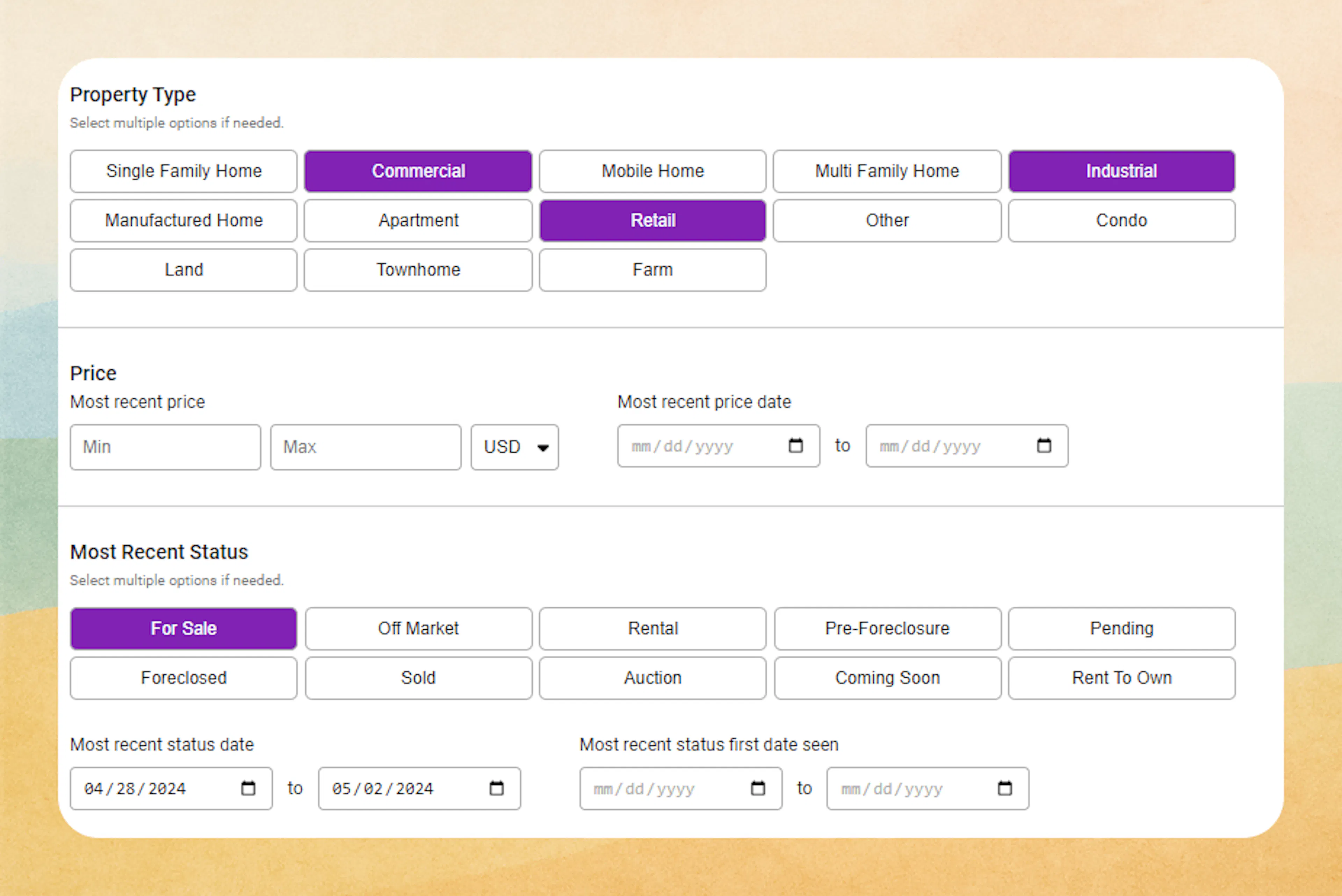 Screenshot showing search for commercial properties