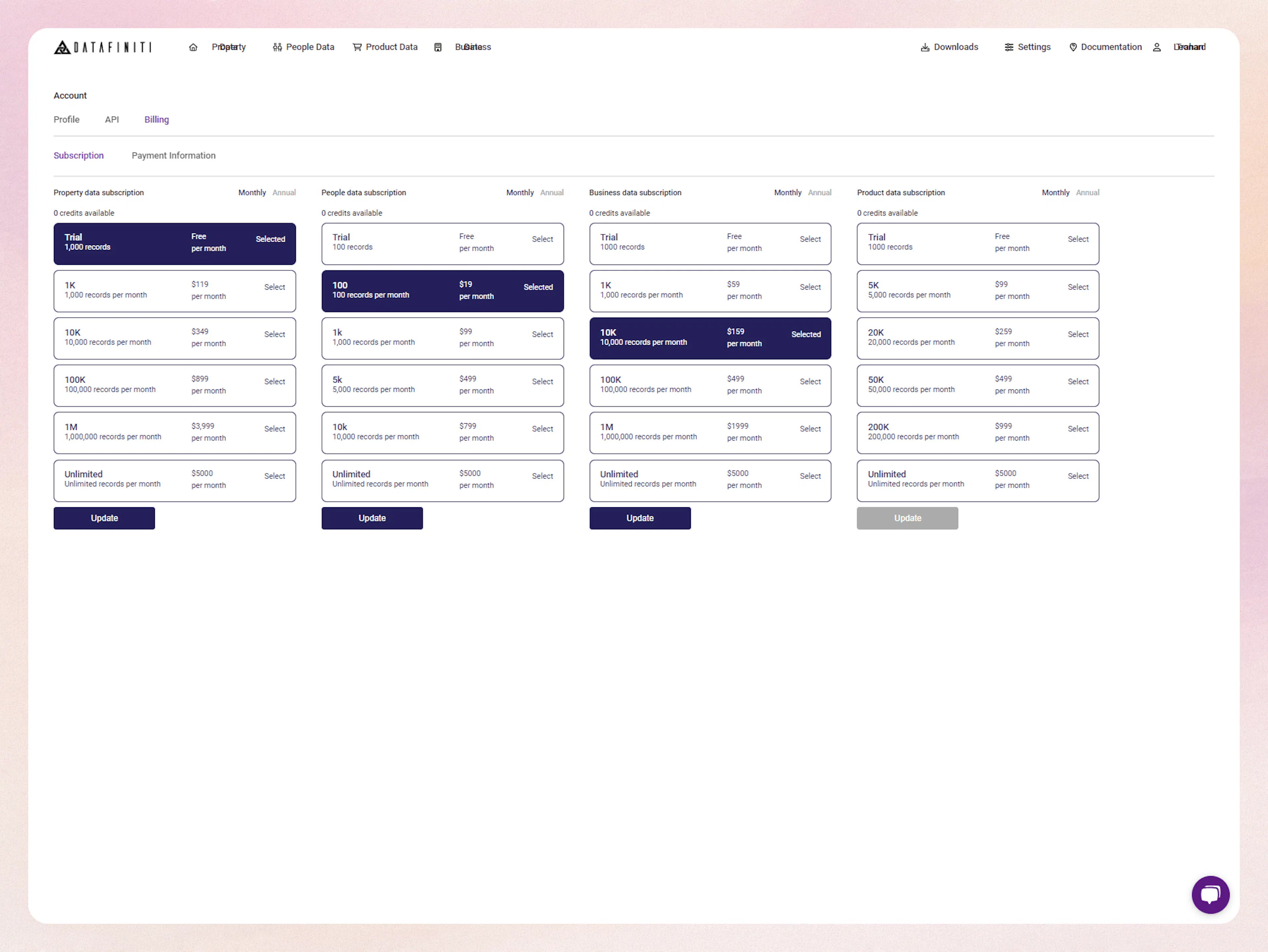 Screenshot showing 5. change / update your data plan