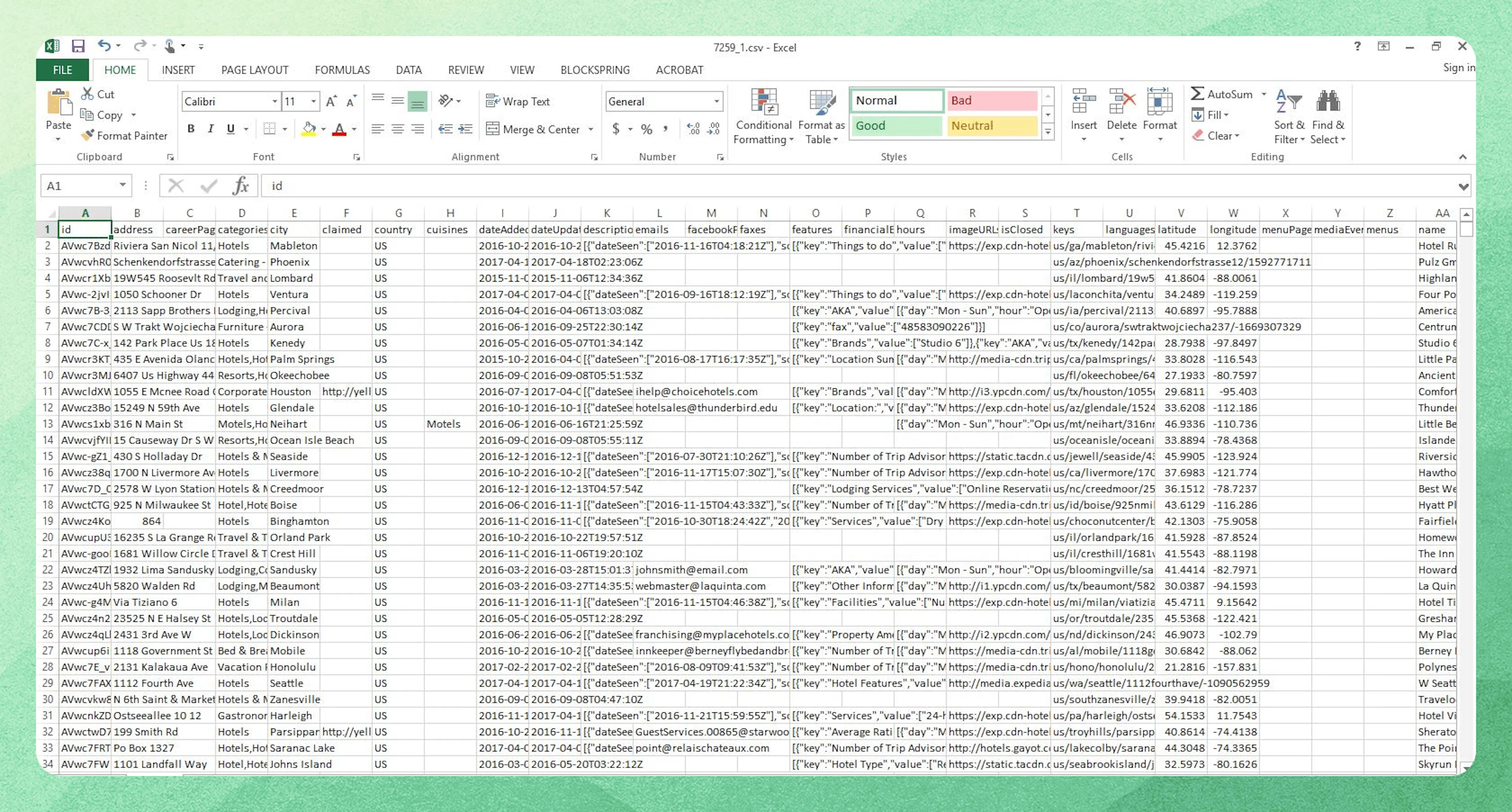 Sample hotel business data output in Excel
