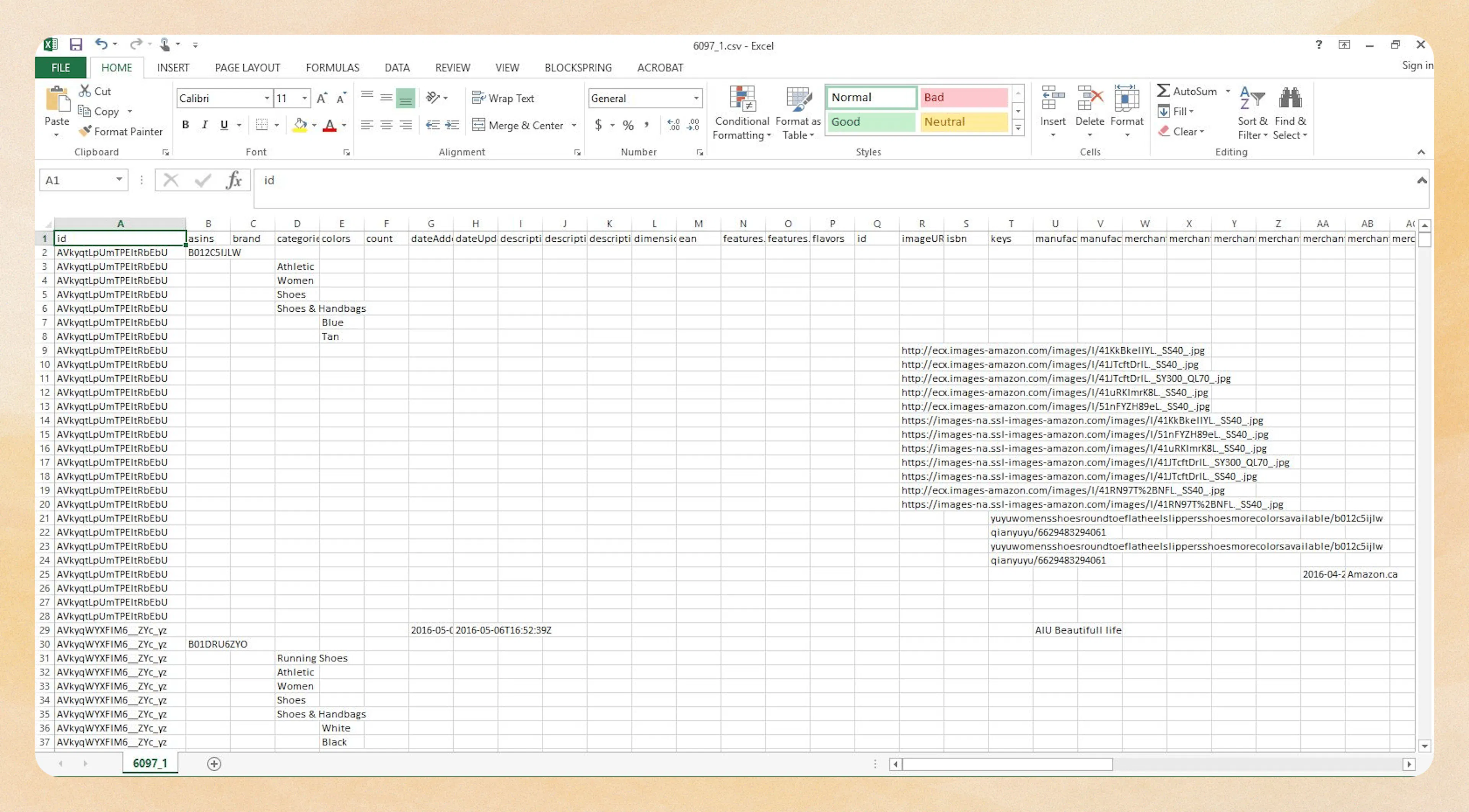 Sample product data output in Excel