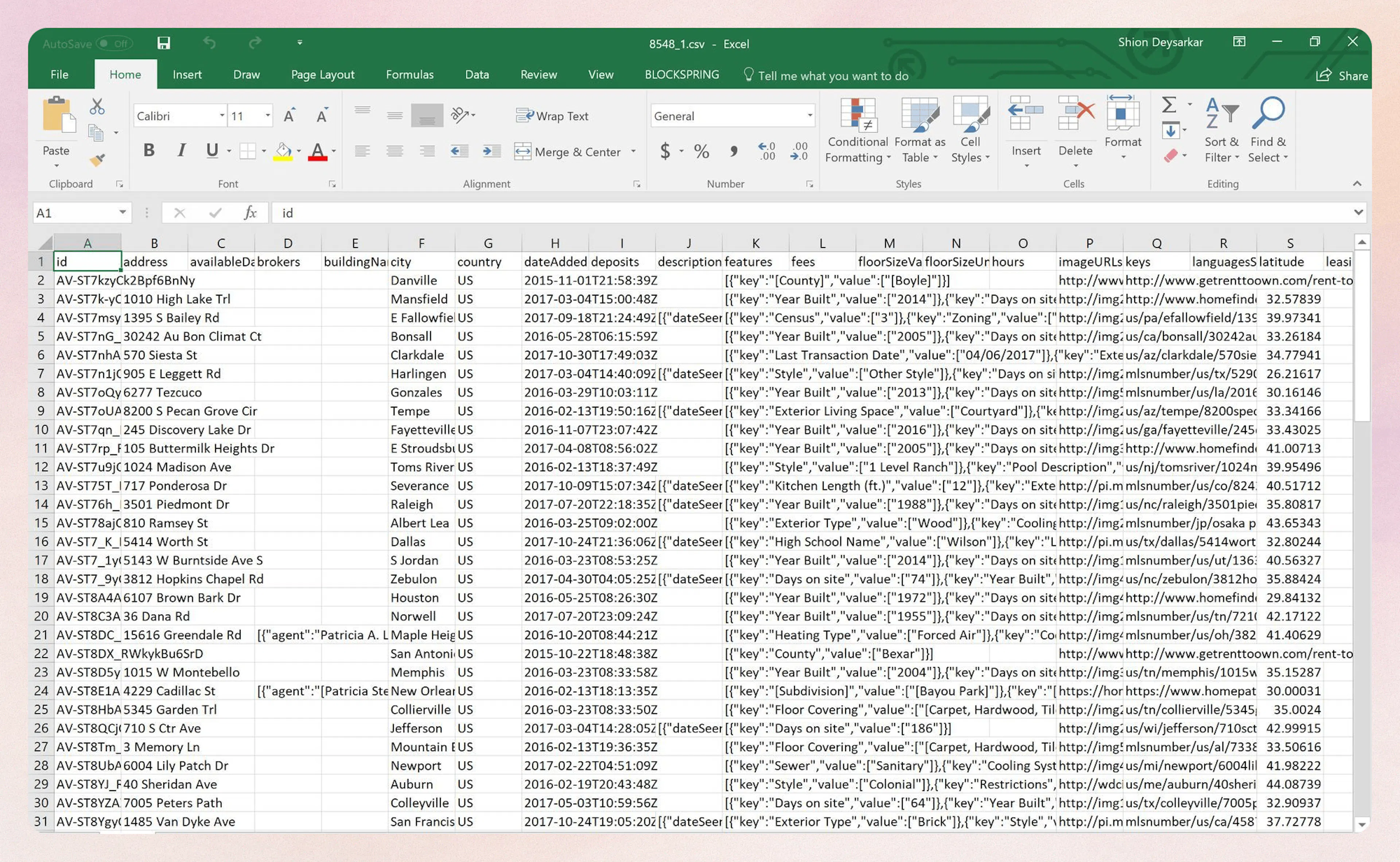 Sample property data output in Excel
