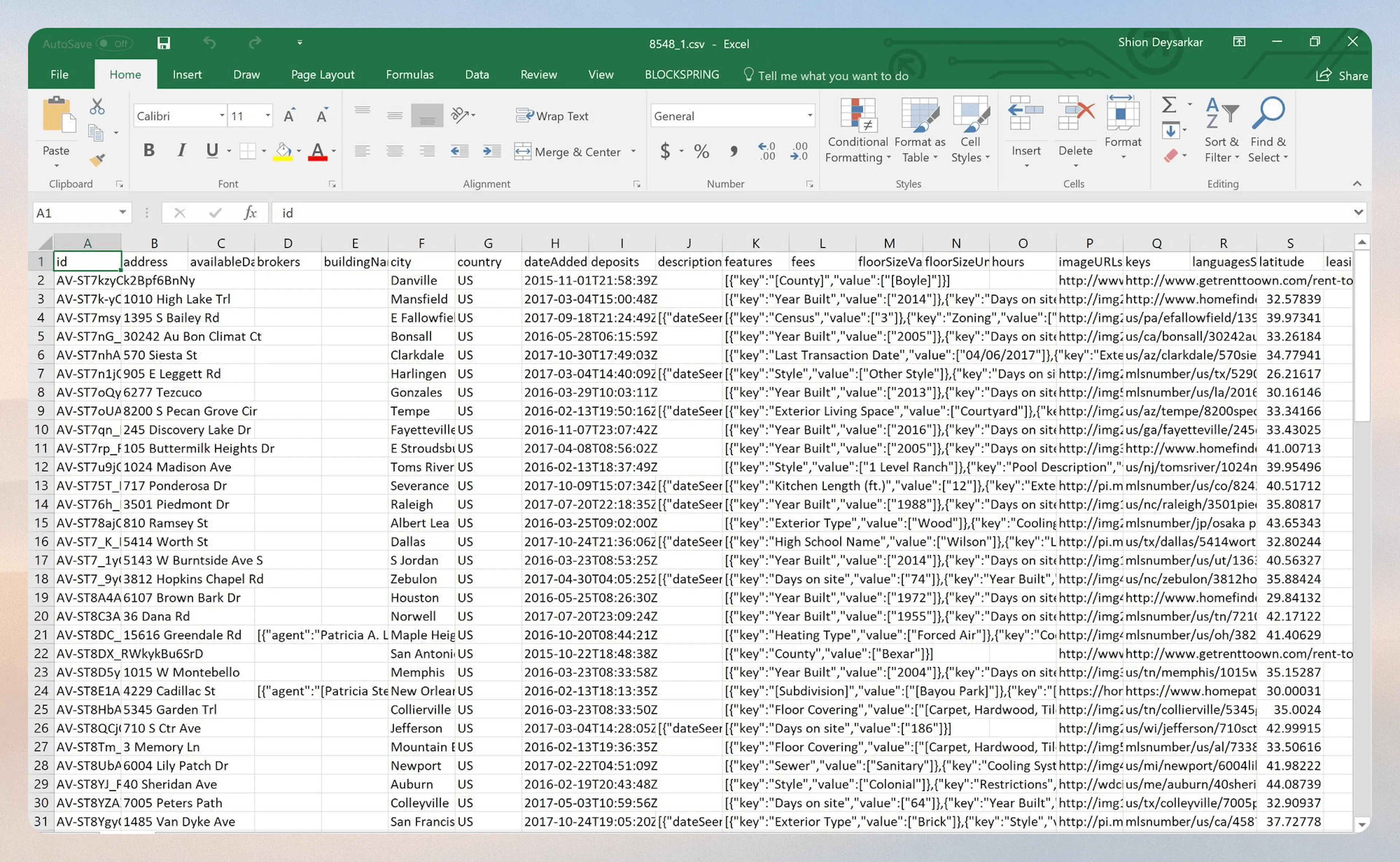 Sample property data output in Excel