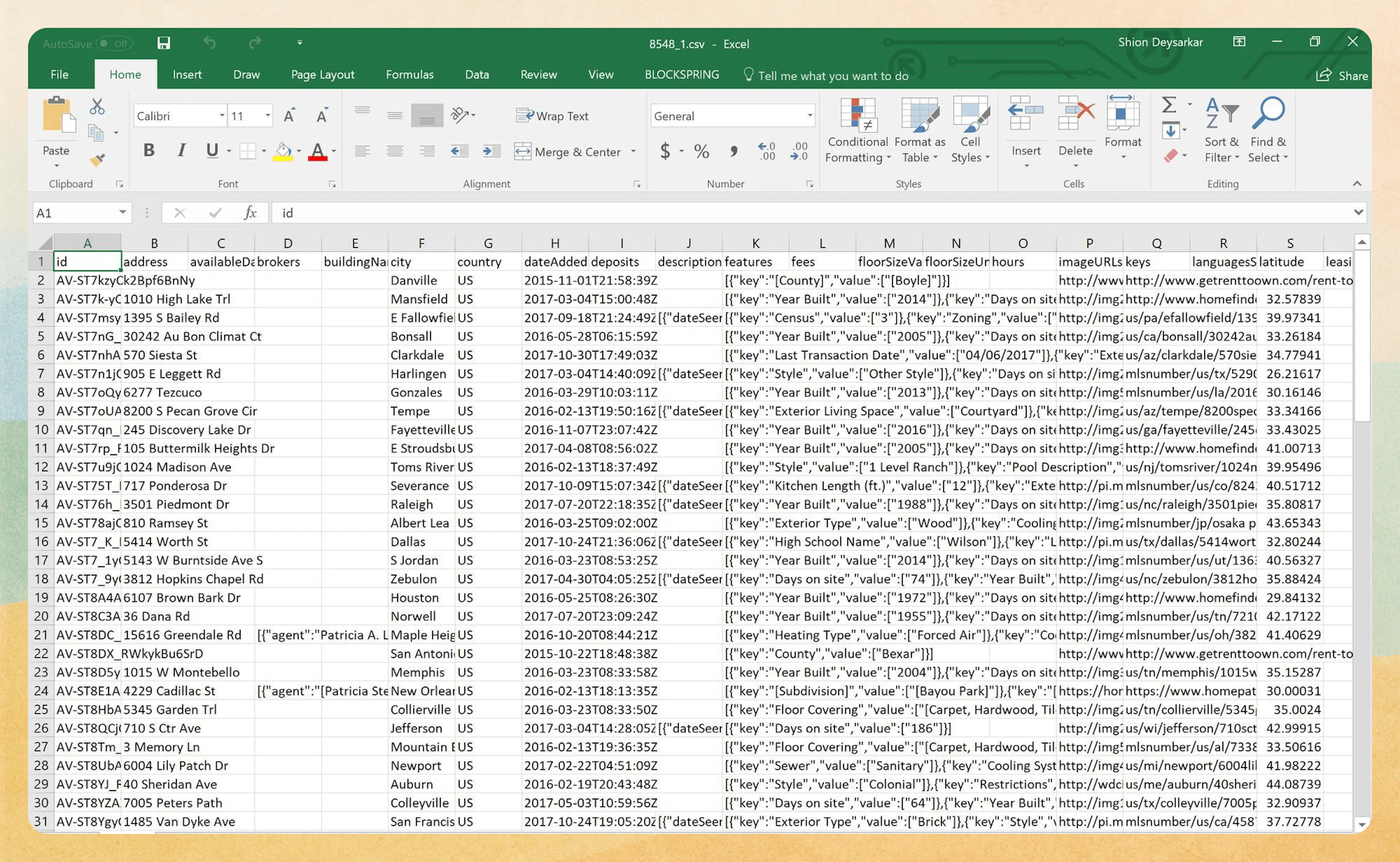 Sample property data output in Excel