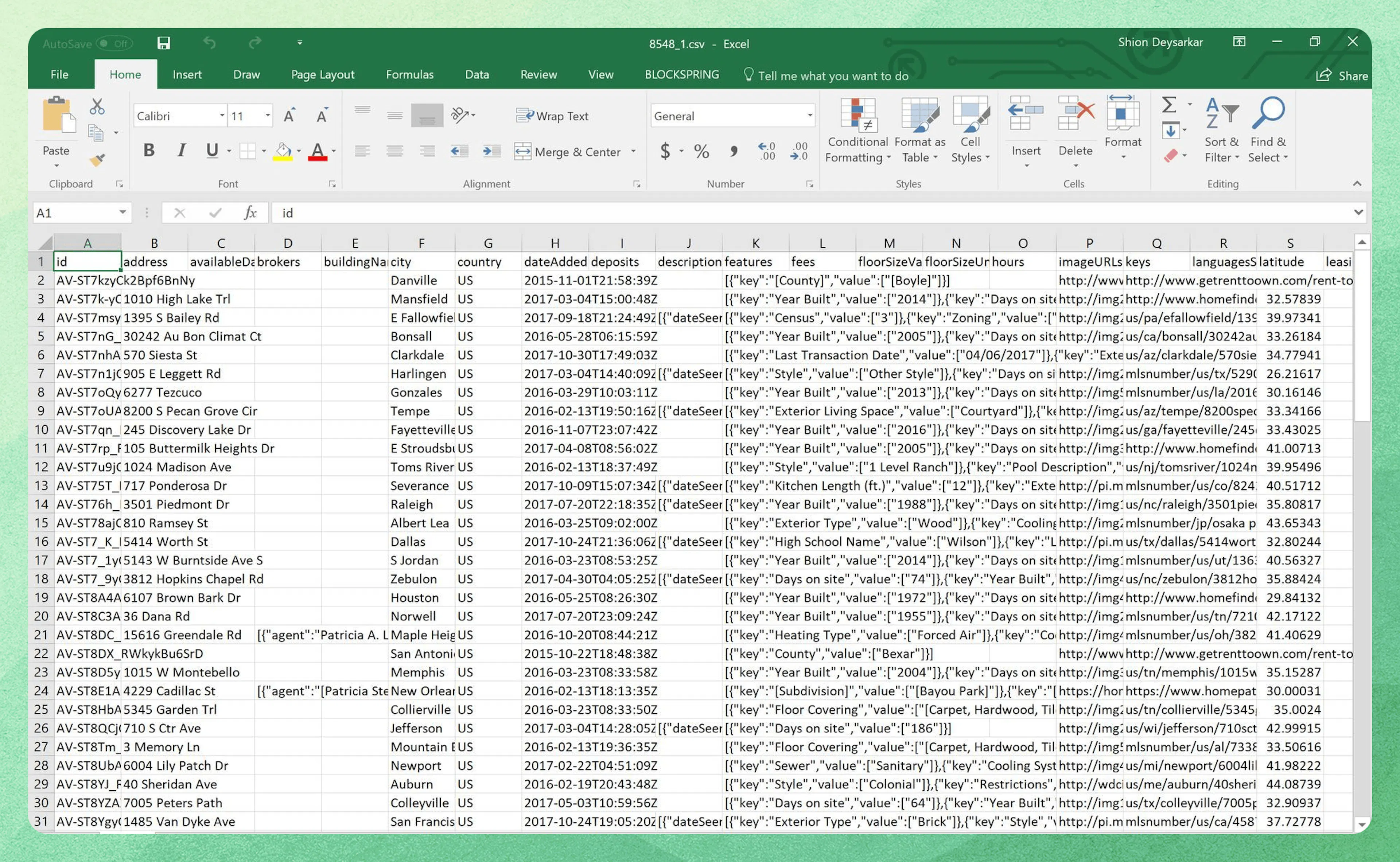 Sample property data output in Excel