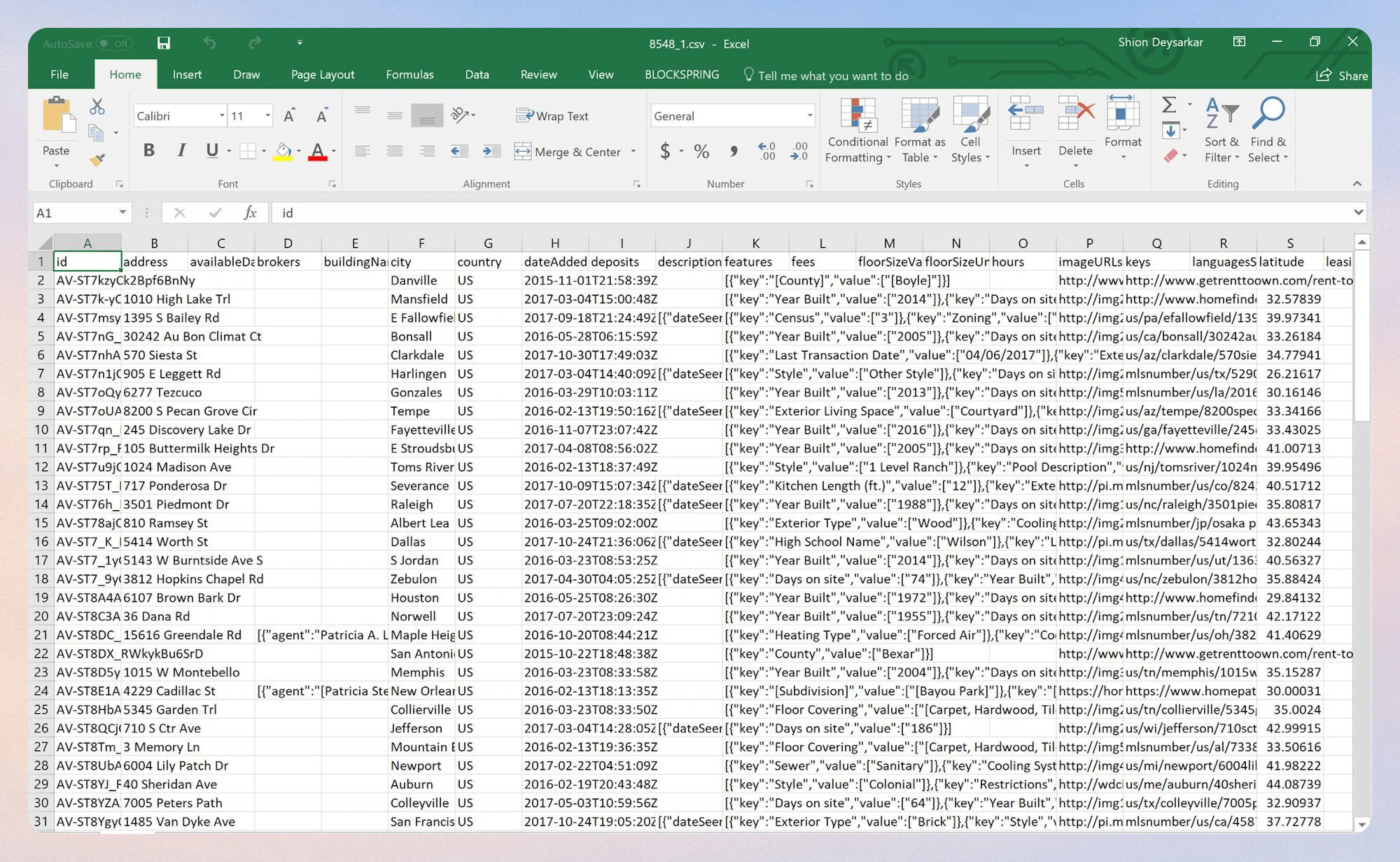 Sample property data output in Excel