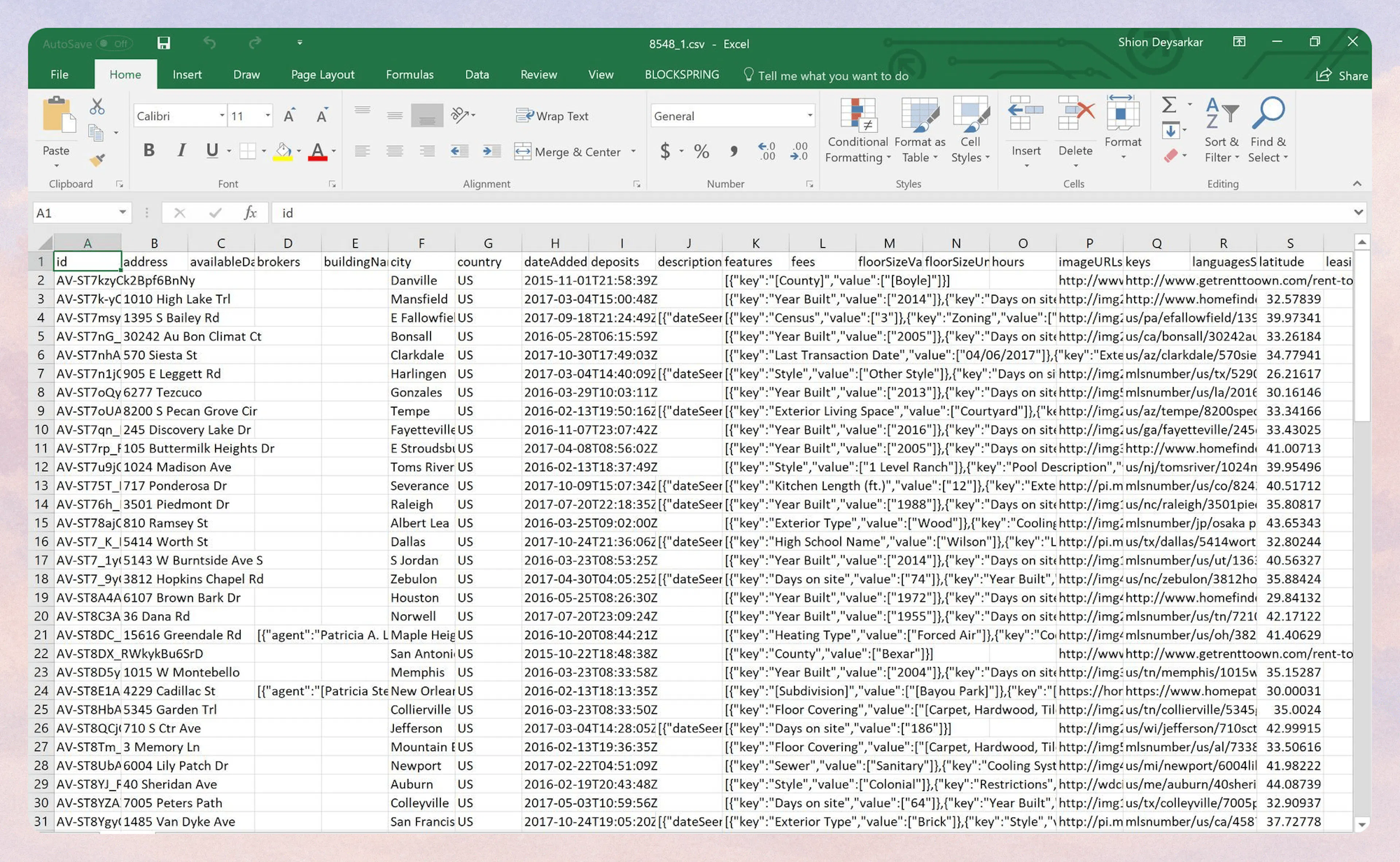 Sample property data output in Excel