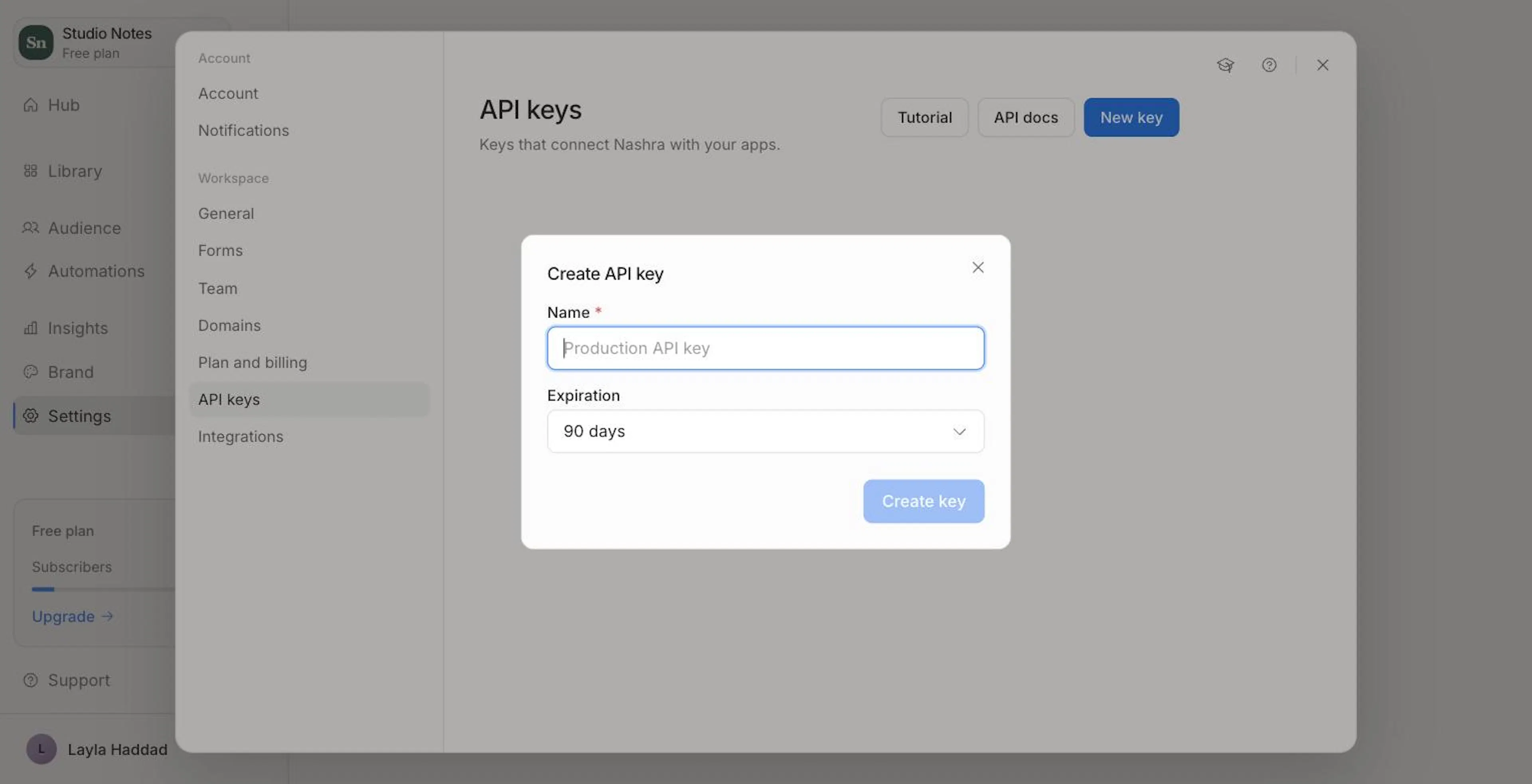 Settings → API keys, with the Create API key dialog open