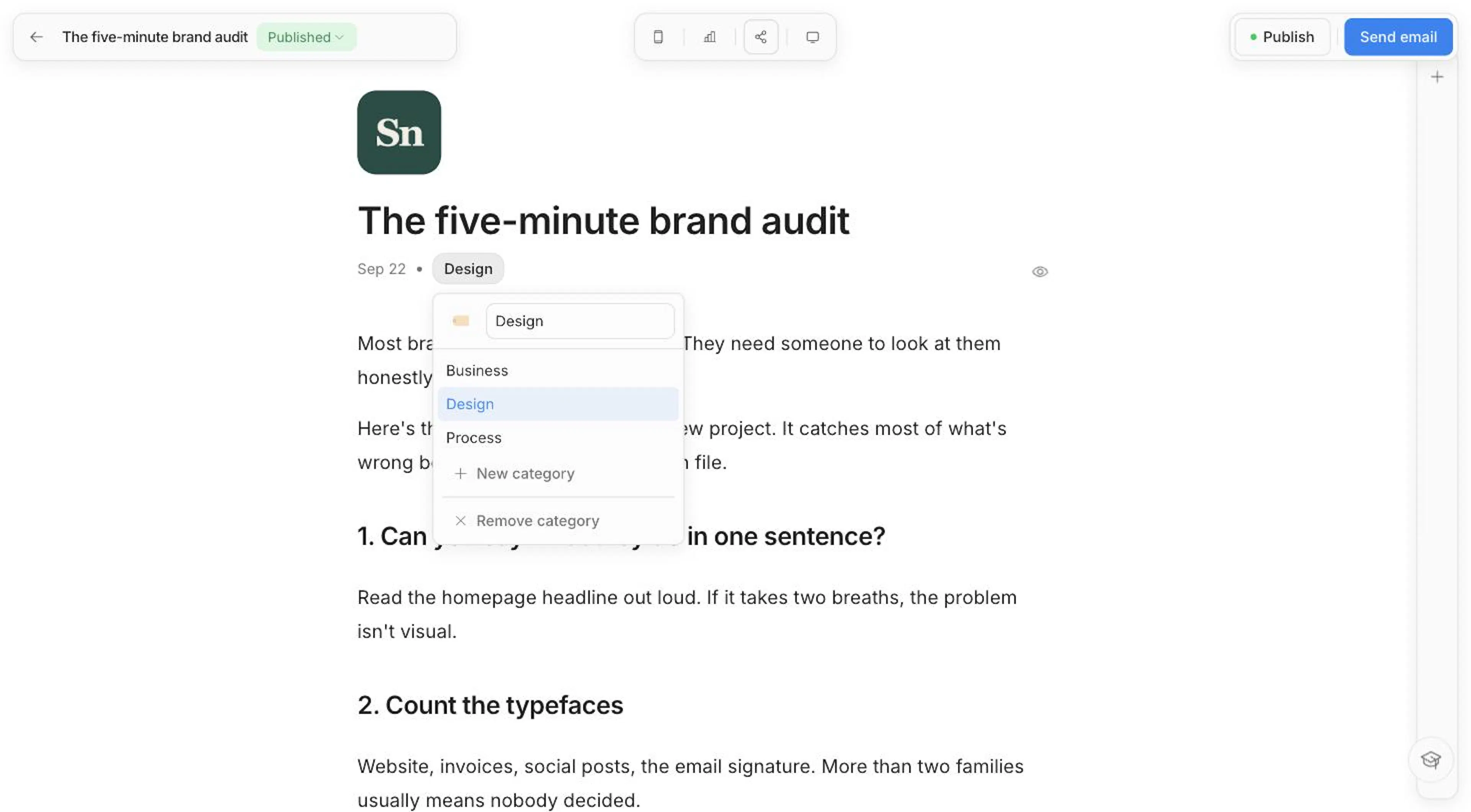 The Post category picker under the post title, with emoji and search