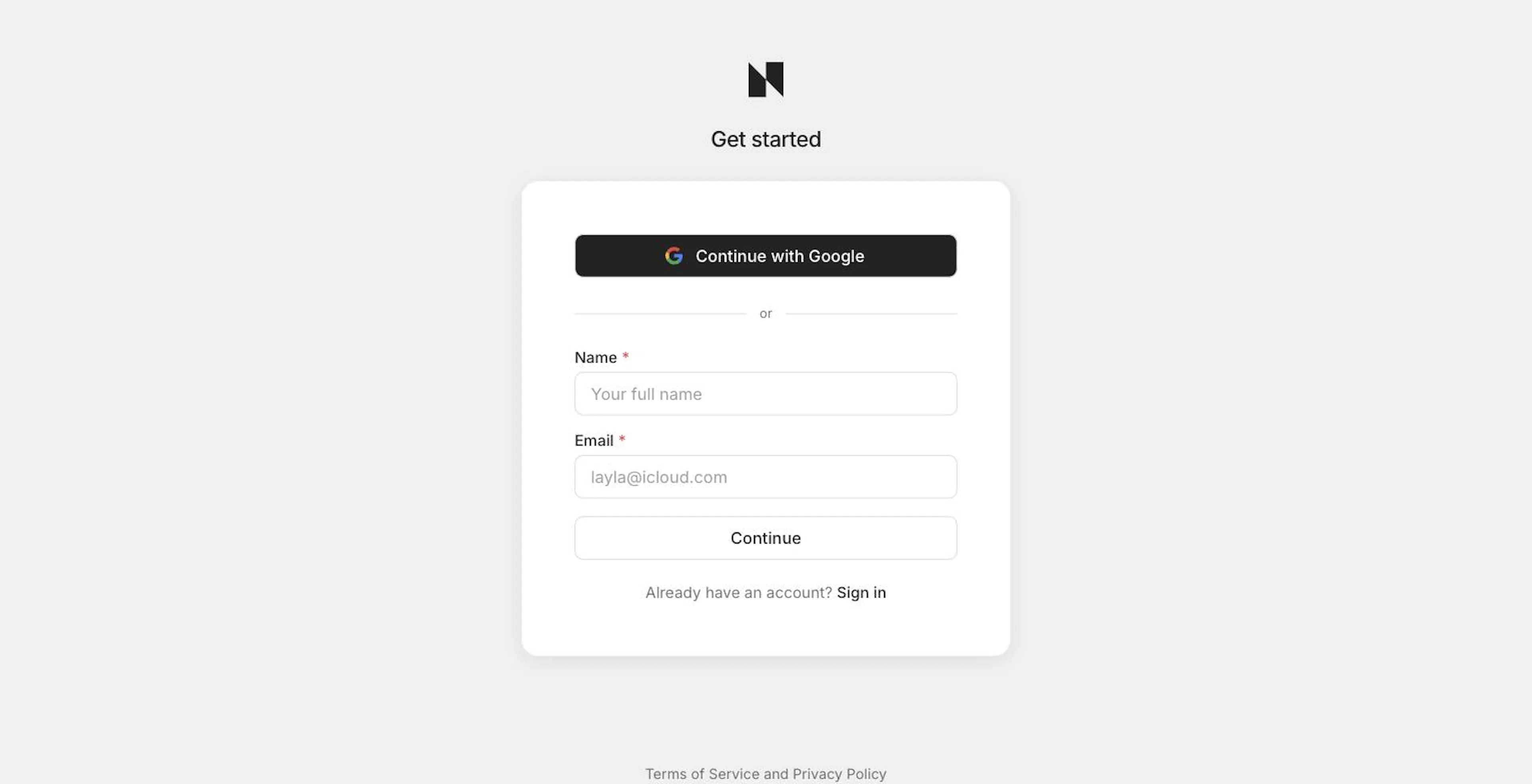The Get started page, with Continue with Google and the Name and Email fields
