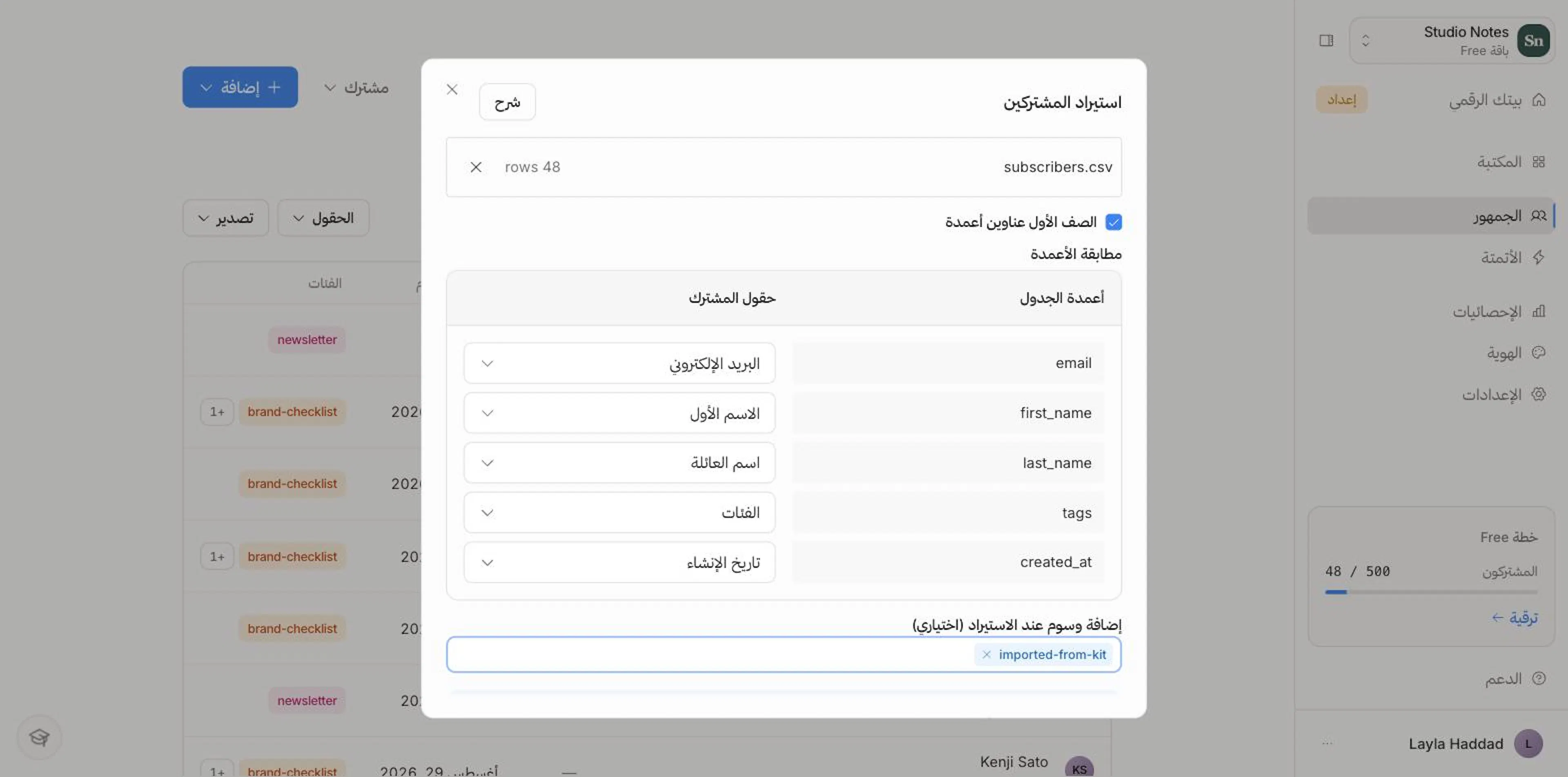 نافذة الاستيراد: رفع الملف، ومطابقة الأعمدة، وتعيين الوسوم