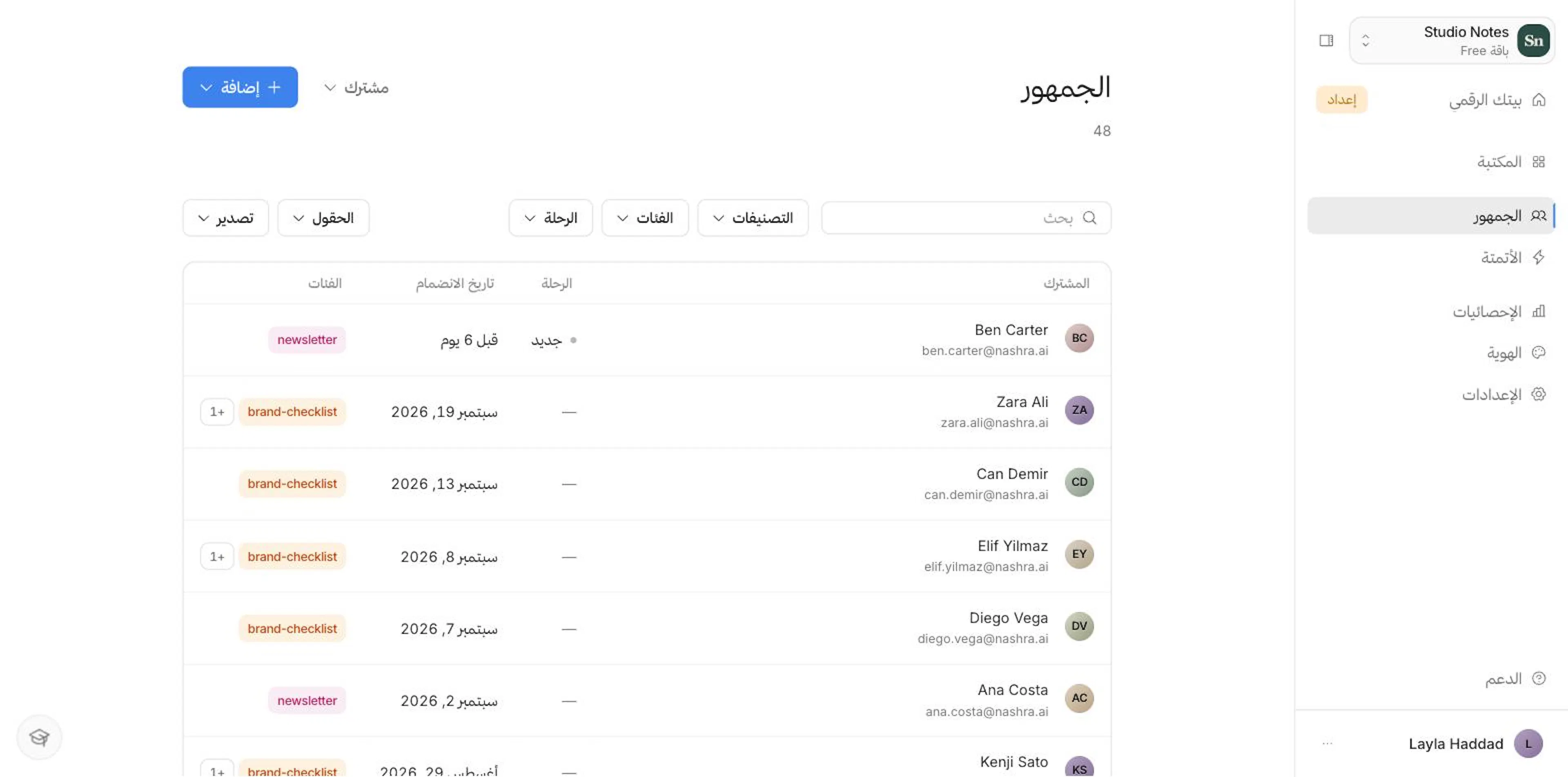 جدول الجمهور بأعمدته، ومرشّحات الشرائح والوسوم والرحلة، ومبدّل الحالة