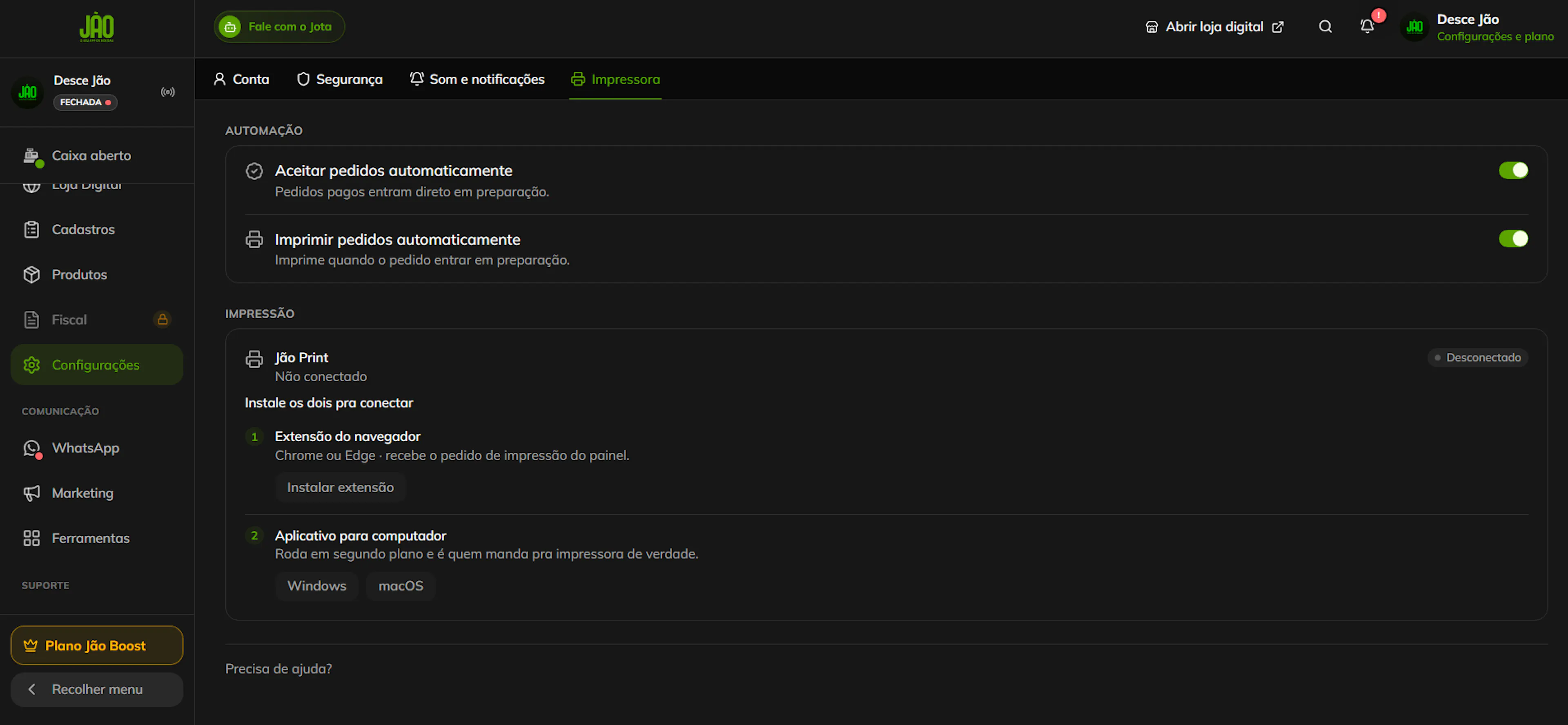 Tela de configurações do Gestor Jão Boost