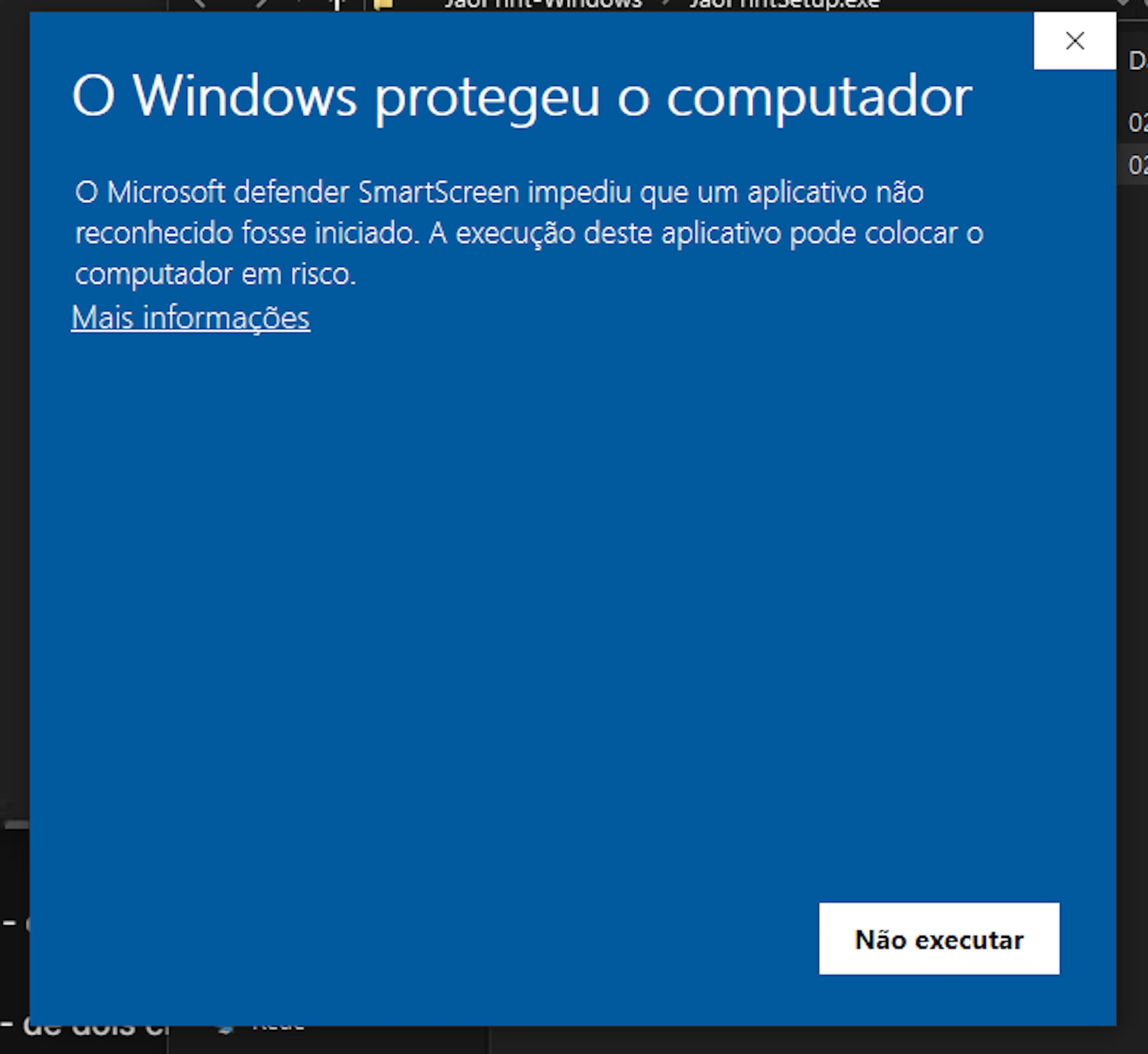 Aviso do Windows durante a instalação