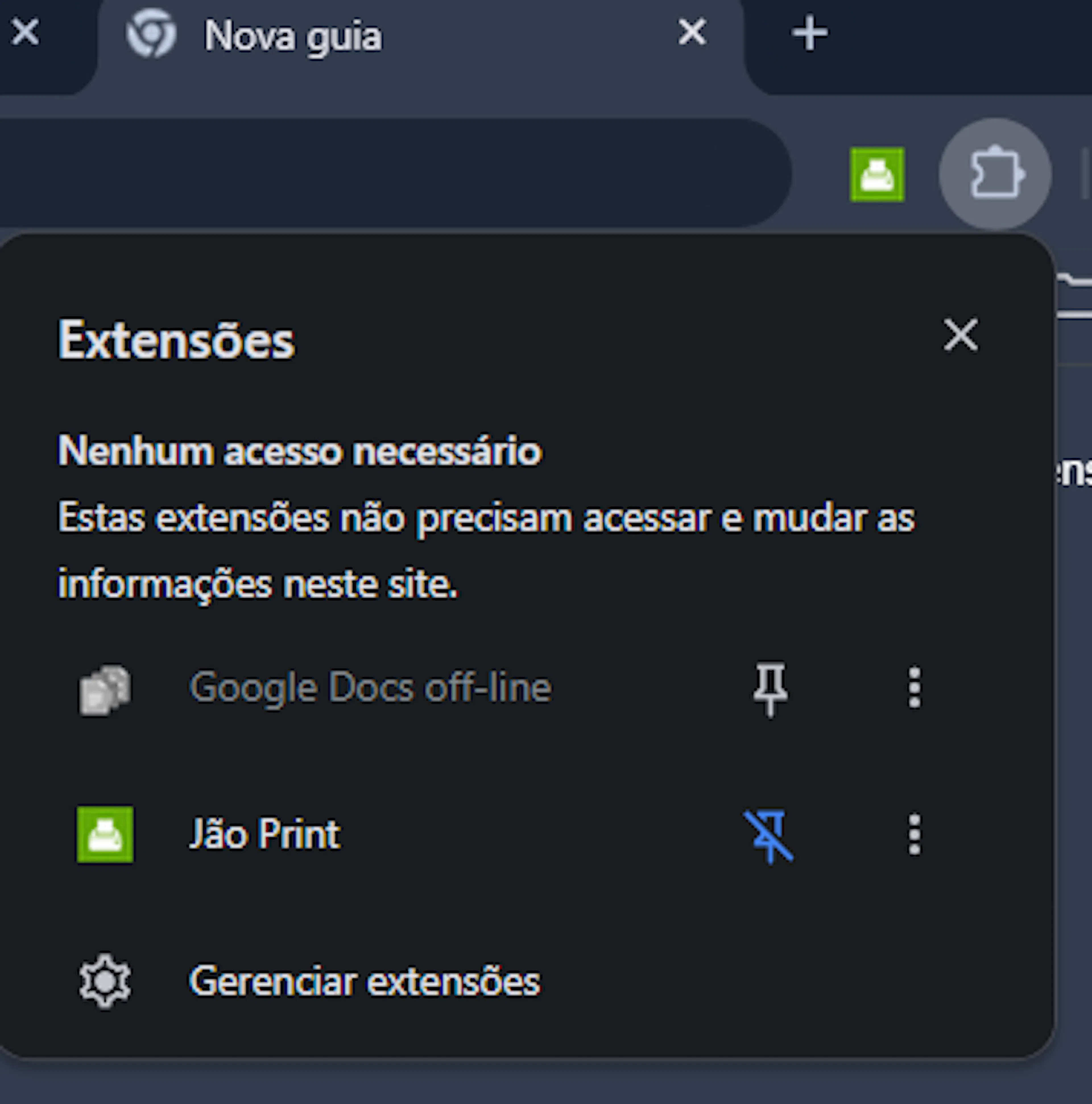 Menu de extensões do Google Chrome