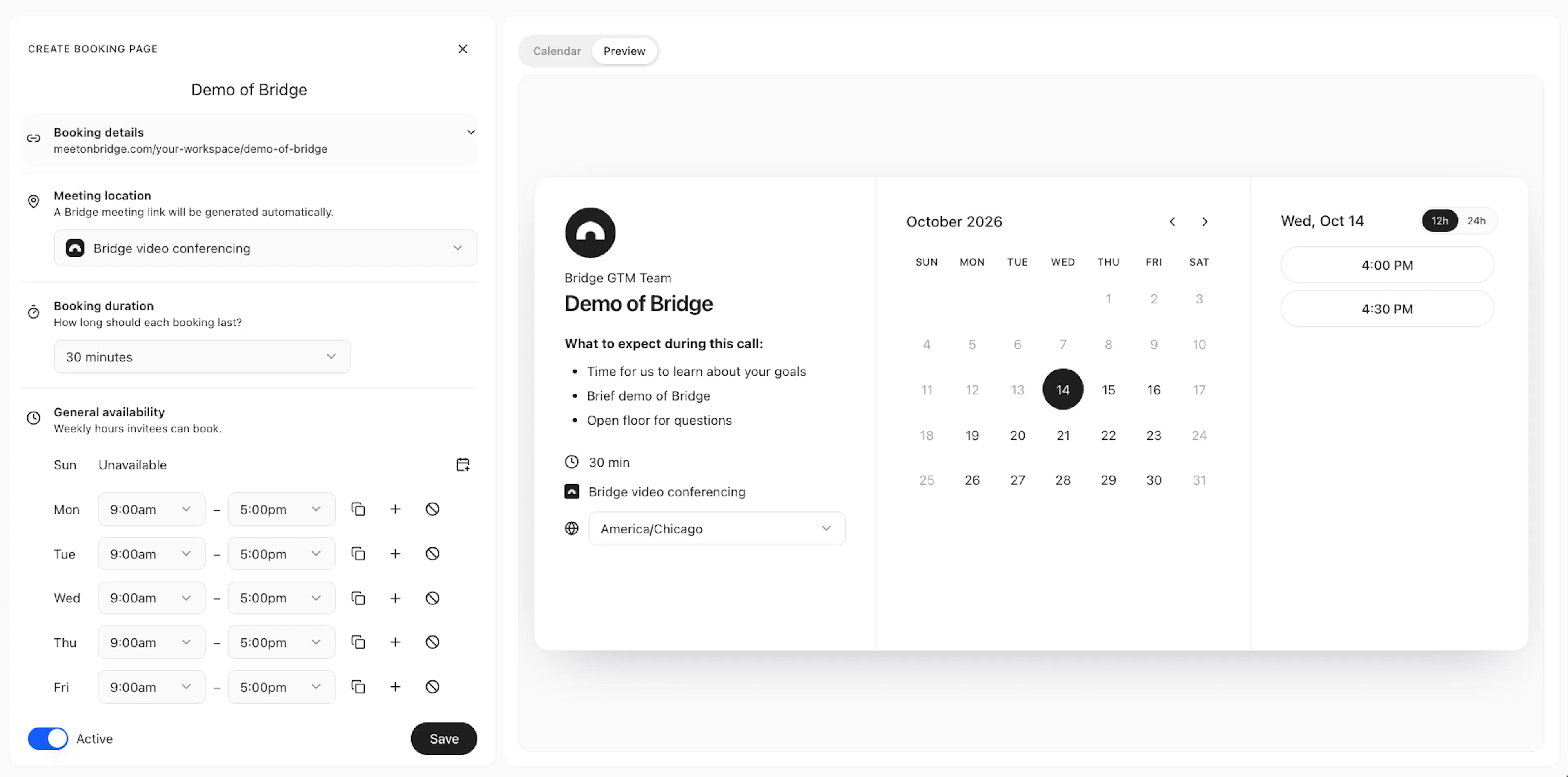 bridge booking page create manage