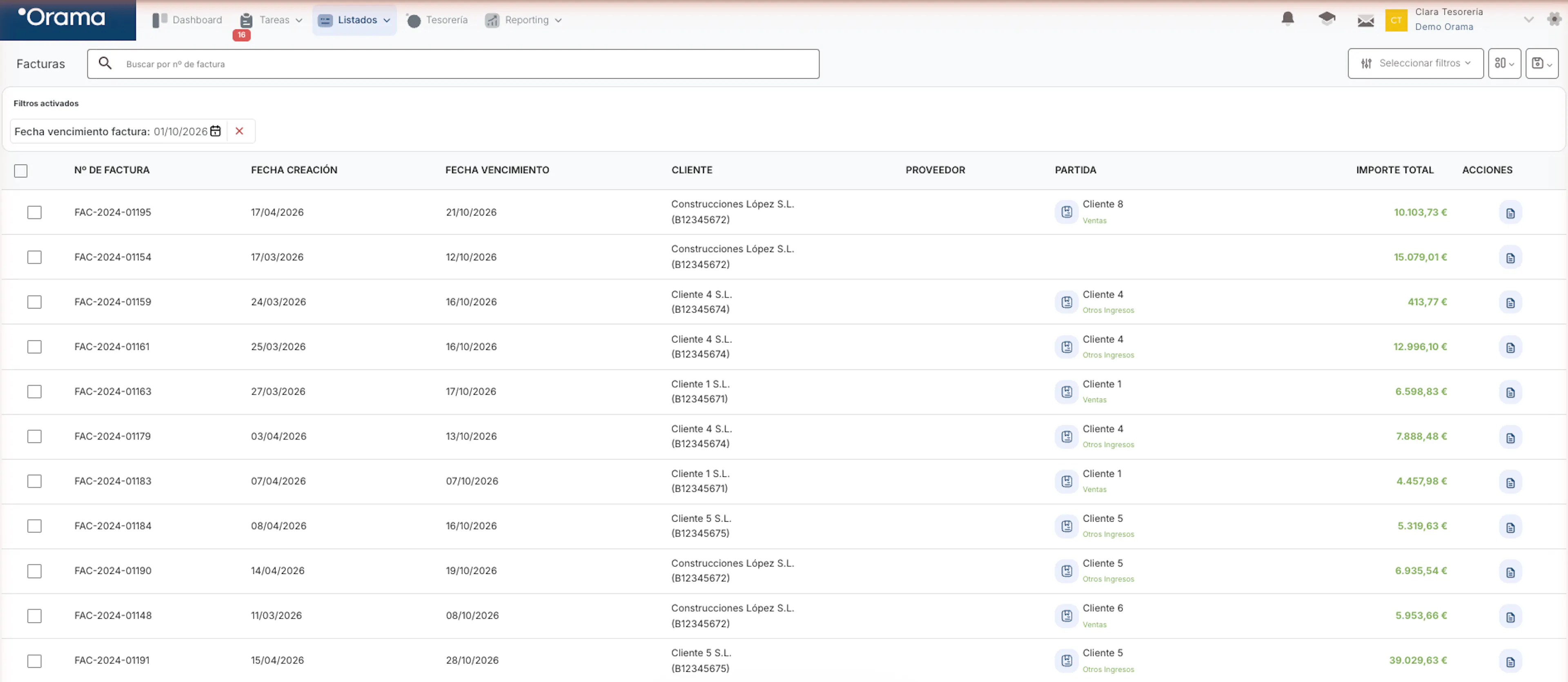 Listado de facturas en Orama con el filtro de fecha de vencimiento activado