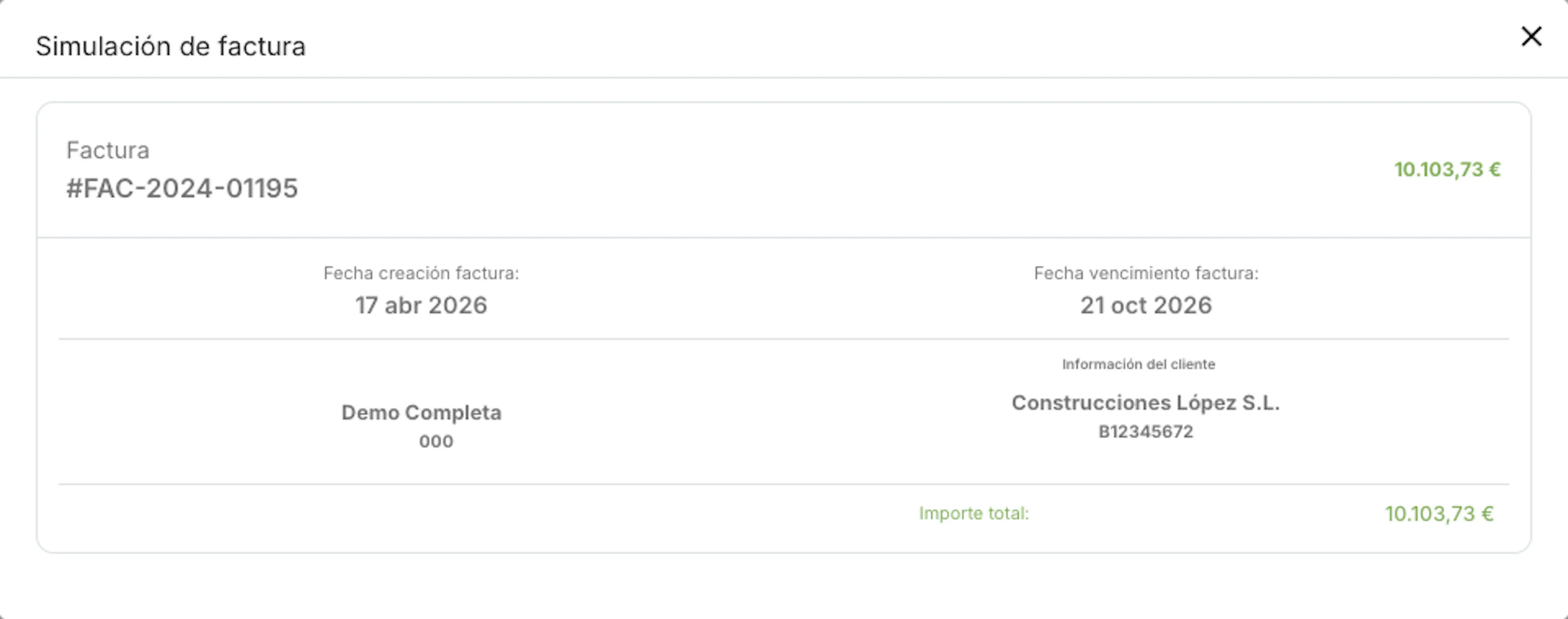 Ventana Simulación de factura con fechas, cliente e importe total