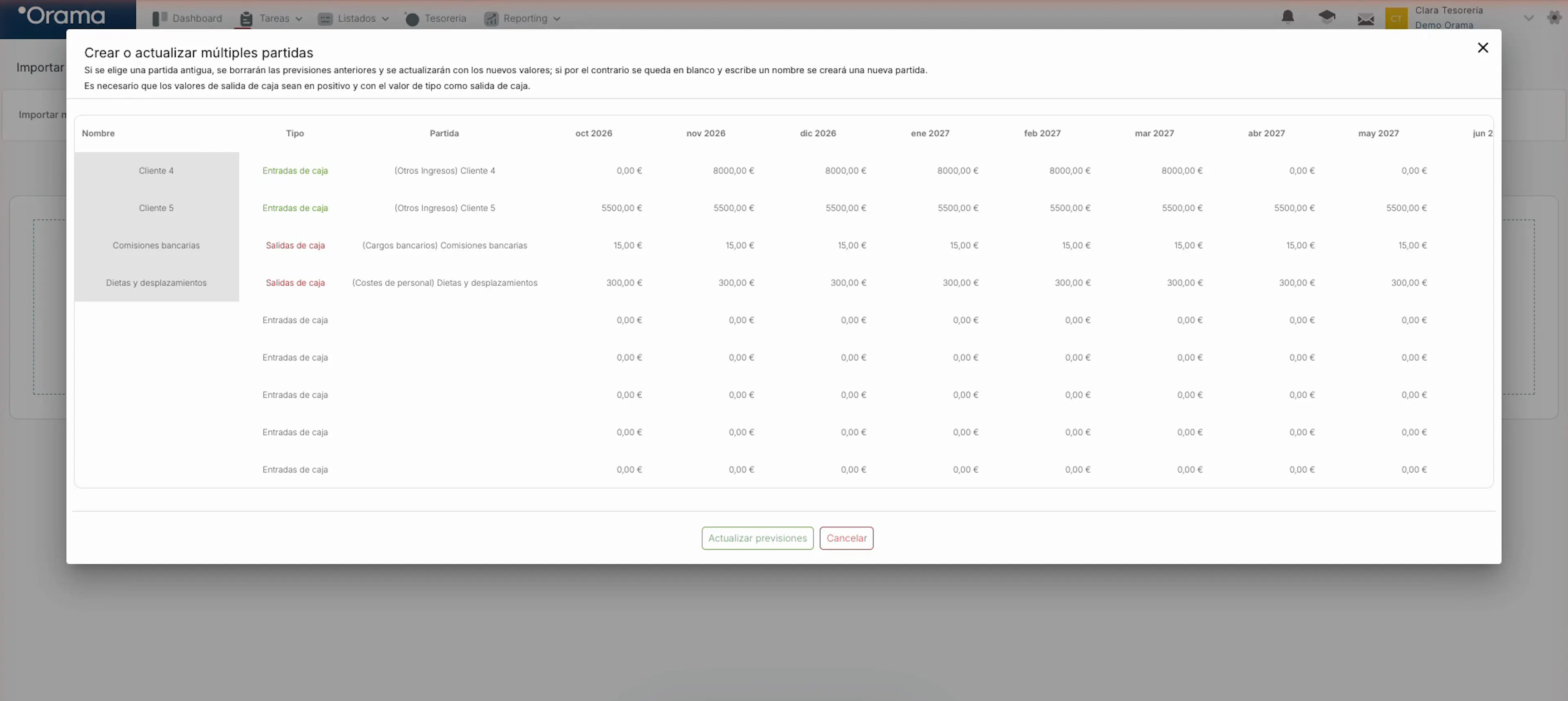Vista previa Crear o actualizar múltiples partidas