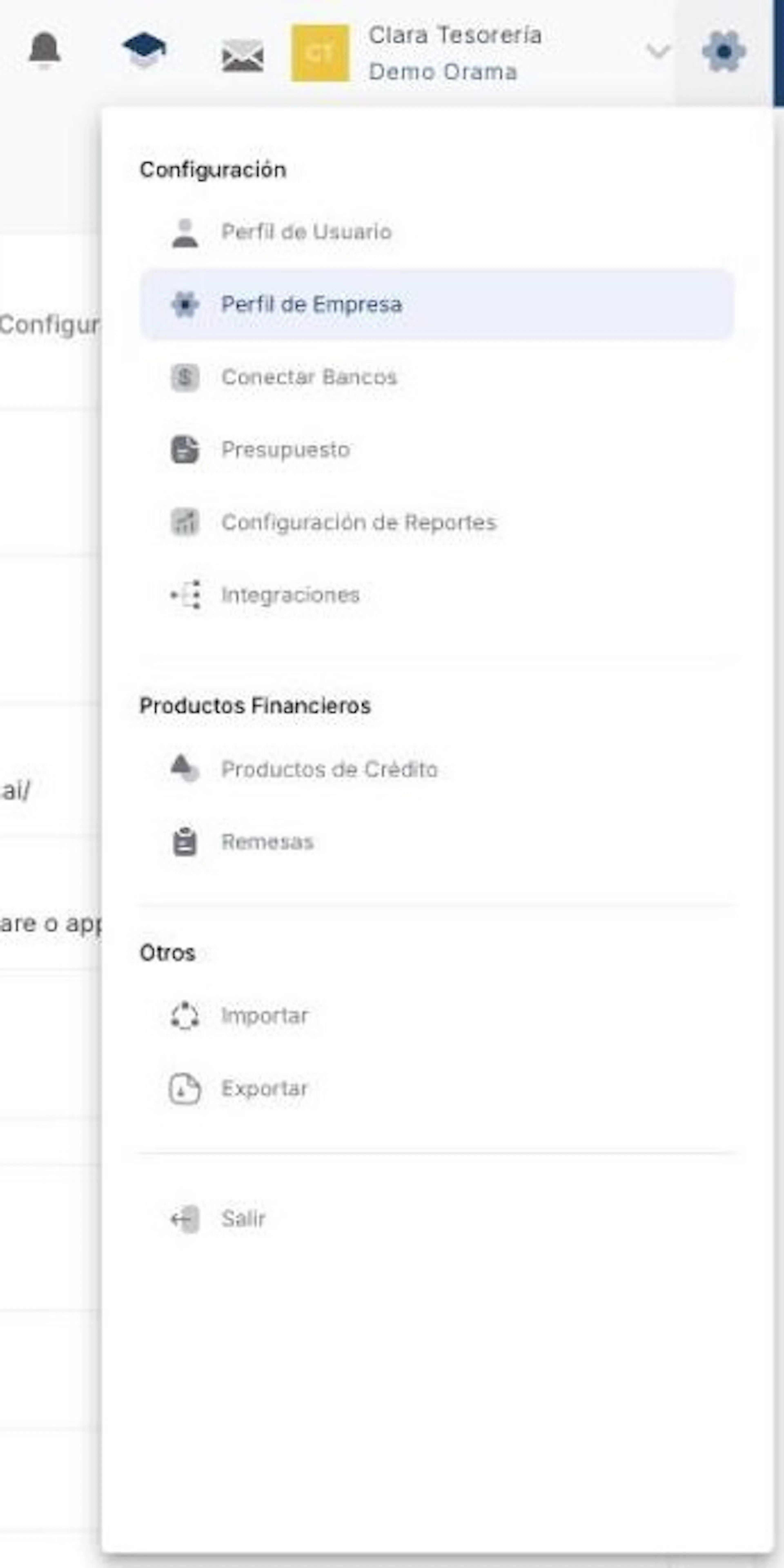 Menú de la rueda de configuración con Perfil de Usuario y Perfil de Empresa