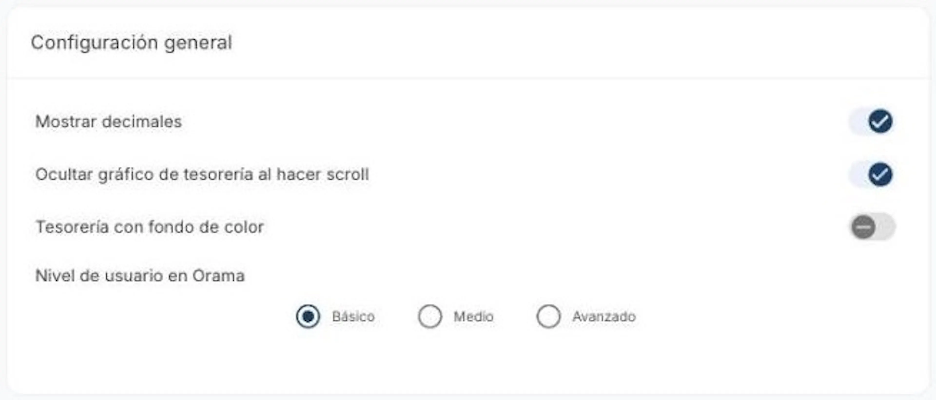 Configuración general del perfil de usuario: decimales, gráfico, fondo de color y nivel