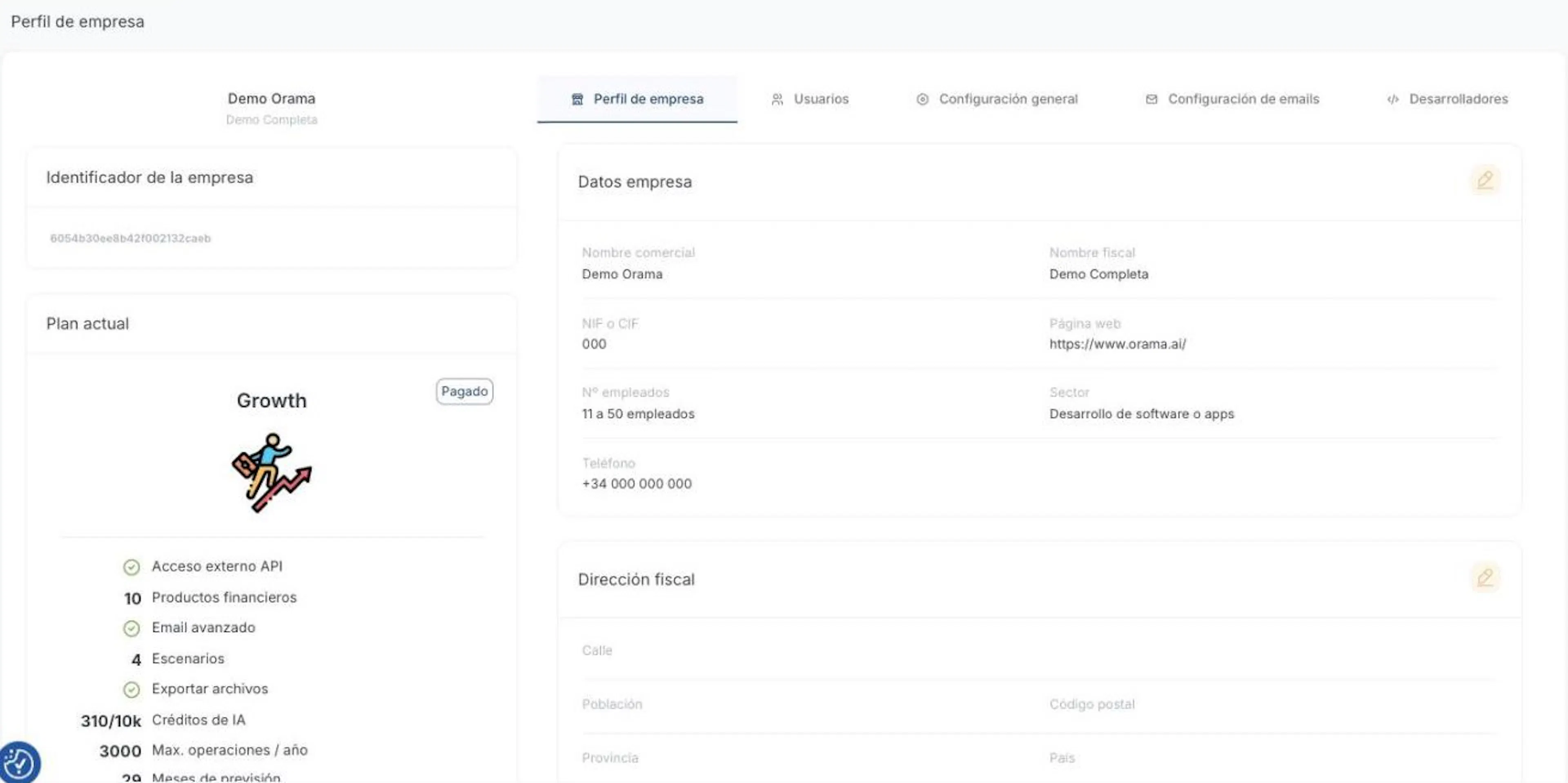 Perfil de empresa con el identificador, el plan actual y los datos de la empresa
