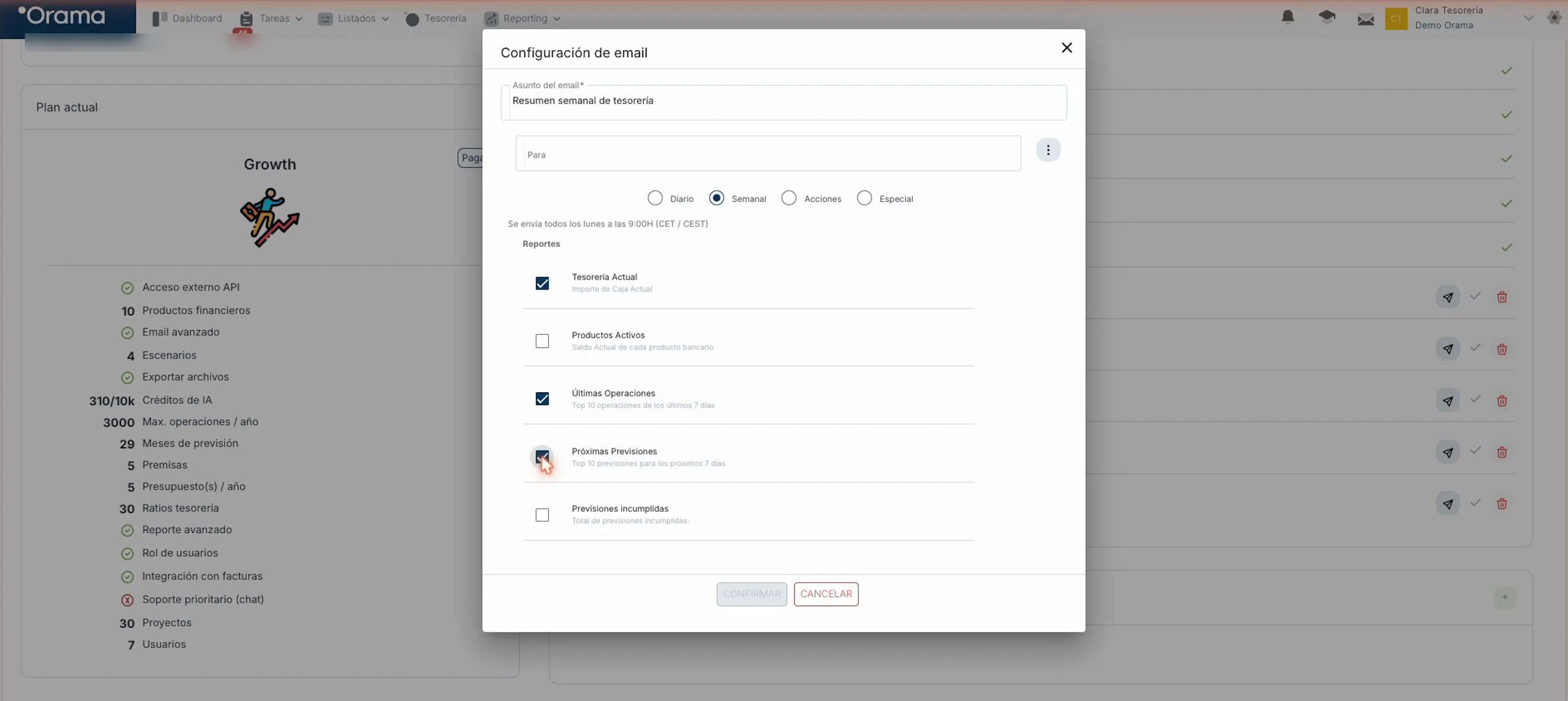 Configuración de un envío de reportes por email en Orama: asunto, destinatarios, frecuencia semanal y reportes incluidos