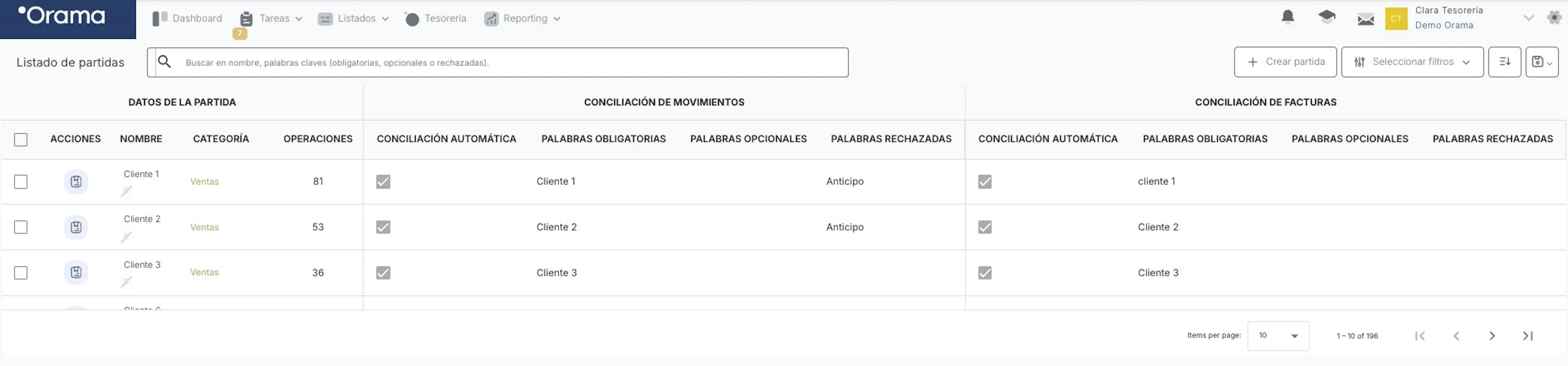 Listado de partidas de Orama con sus datos, la conciliación de movimientos y la conciliación de facturas de cada partida