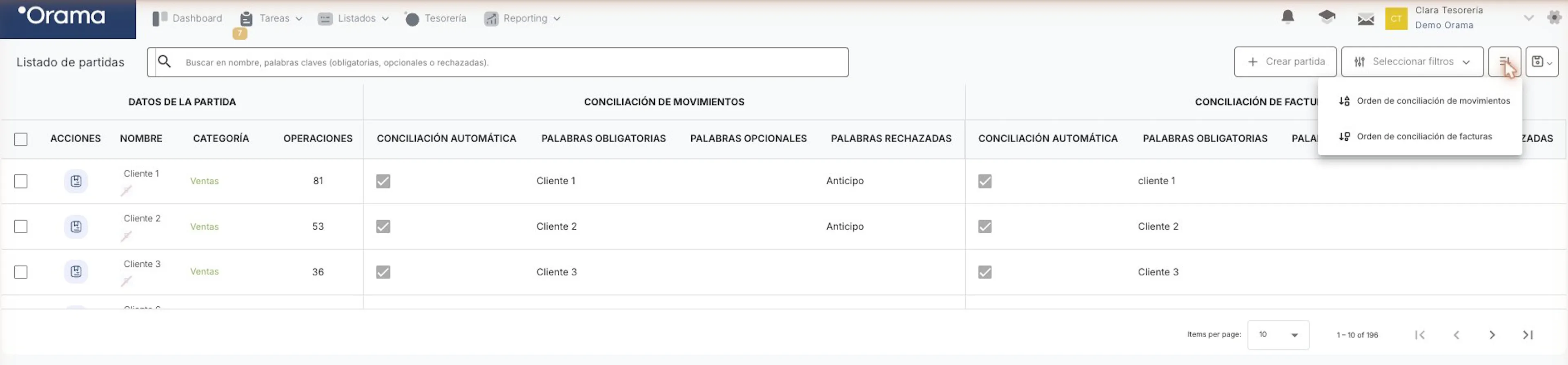 Menú del listado de partidas de Orama con las opciones Orden de conciliación de movimientos y Orden de conciliación de facturas