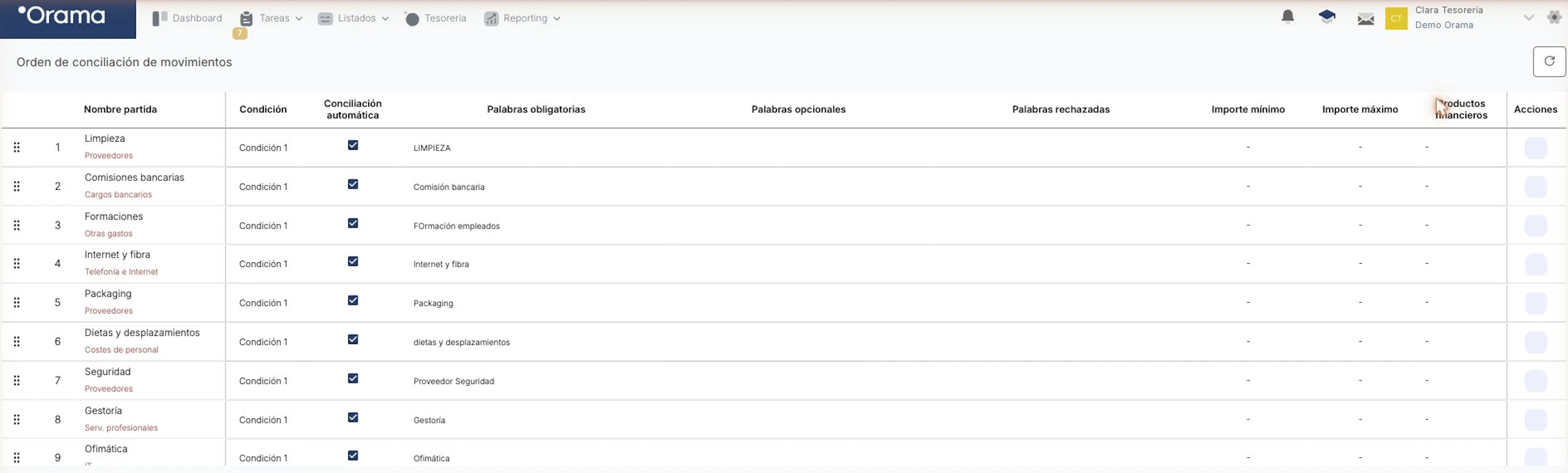 Orden de conciliación de movimientos en Orama: lista numerada de partidas con su condición, conciliación automática, palabras clave, importes y productos financieros