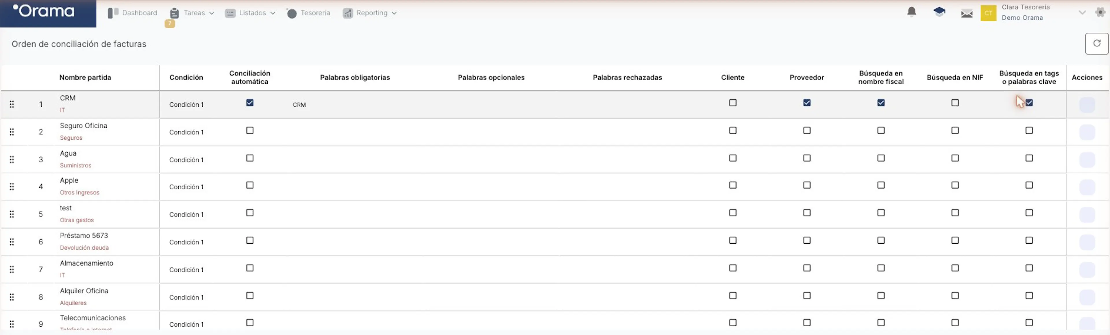 Orden de conciliación de facturas en Orama: lista numerada de partidas con sus reglas de facturas por cliente, proveedor, nombre fiscal, NIF y palabras clave