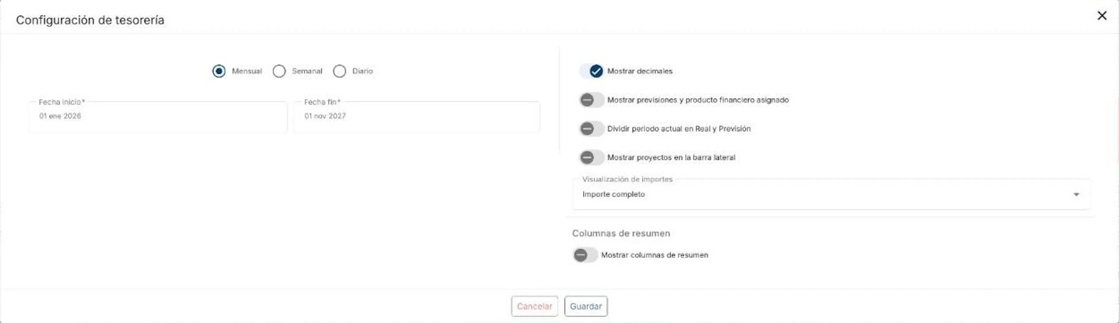 Configuración del cuadro de tesorería de Orama: vista mensual, semanal o diaria, fechas, decimales, dividir el periodo actual en real y previsión, mostrar proyectos y columnas de resumen