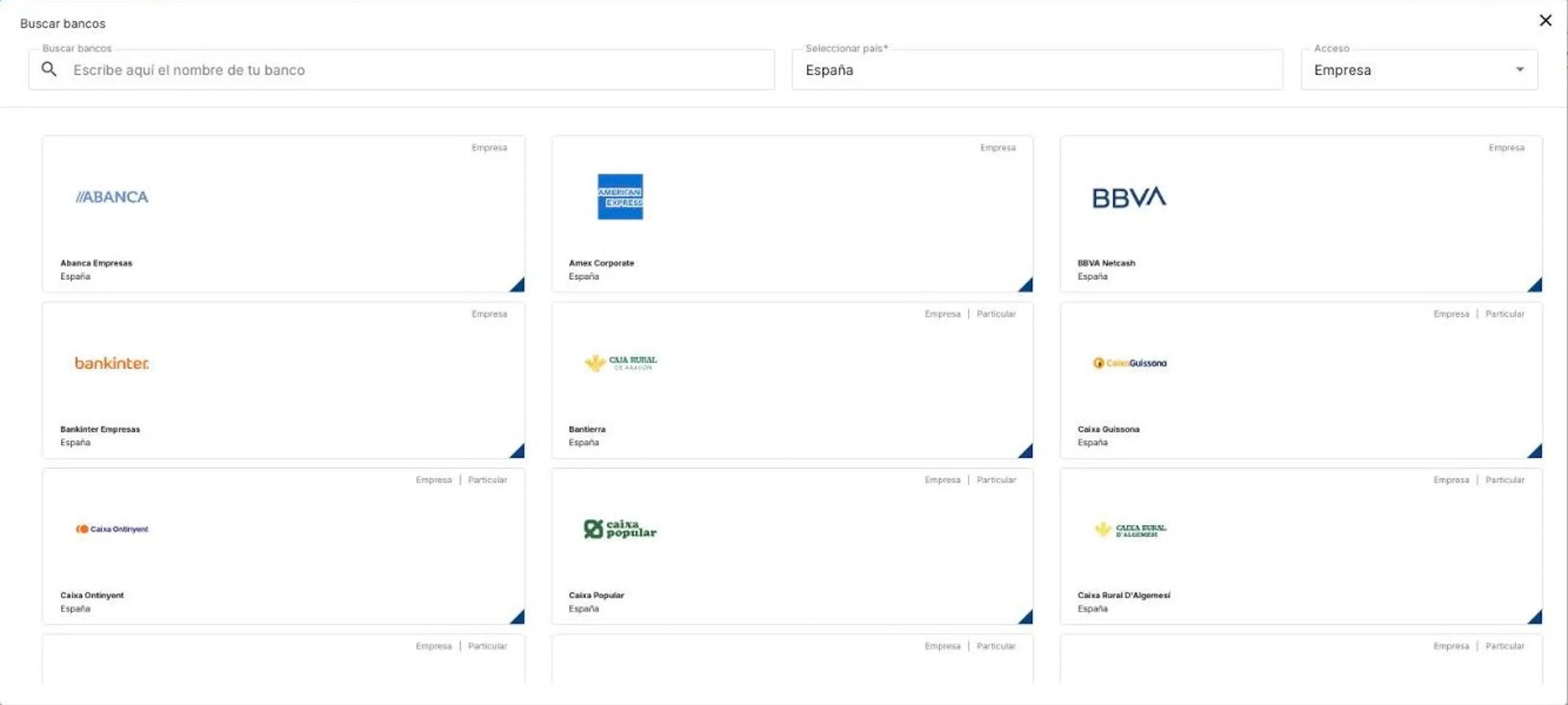 Buscador de bancos de Orama para conectar tu primer banco, con filtros de nombre, país y tipo de acceso Empresa o Particular
