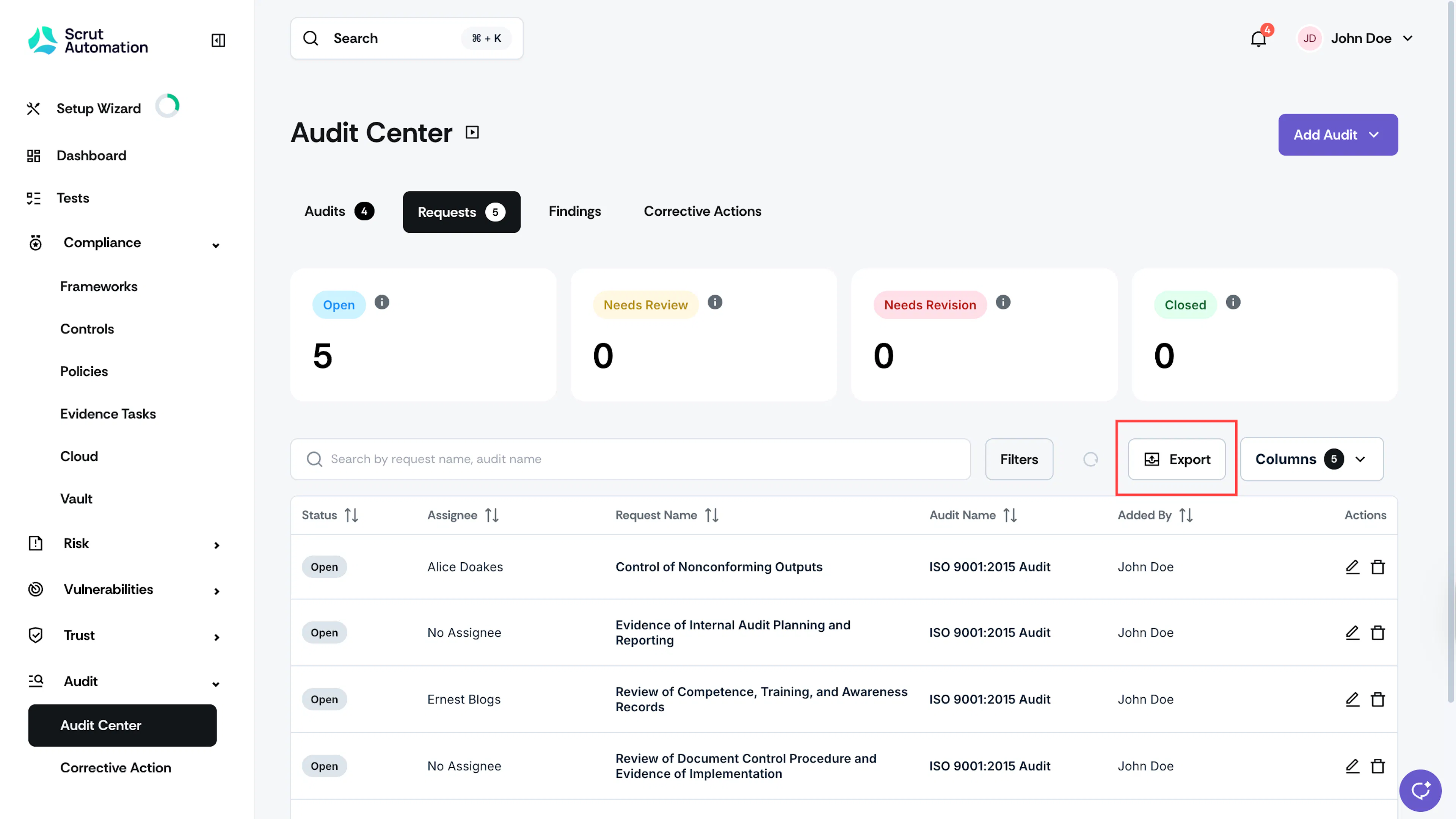Requests Tab in the Audit Center