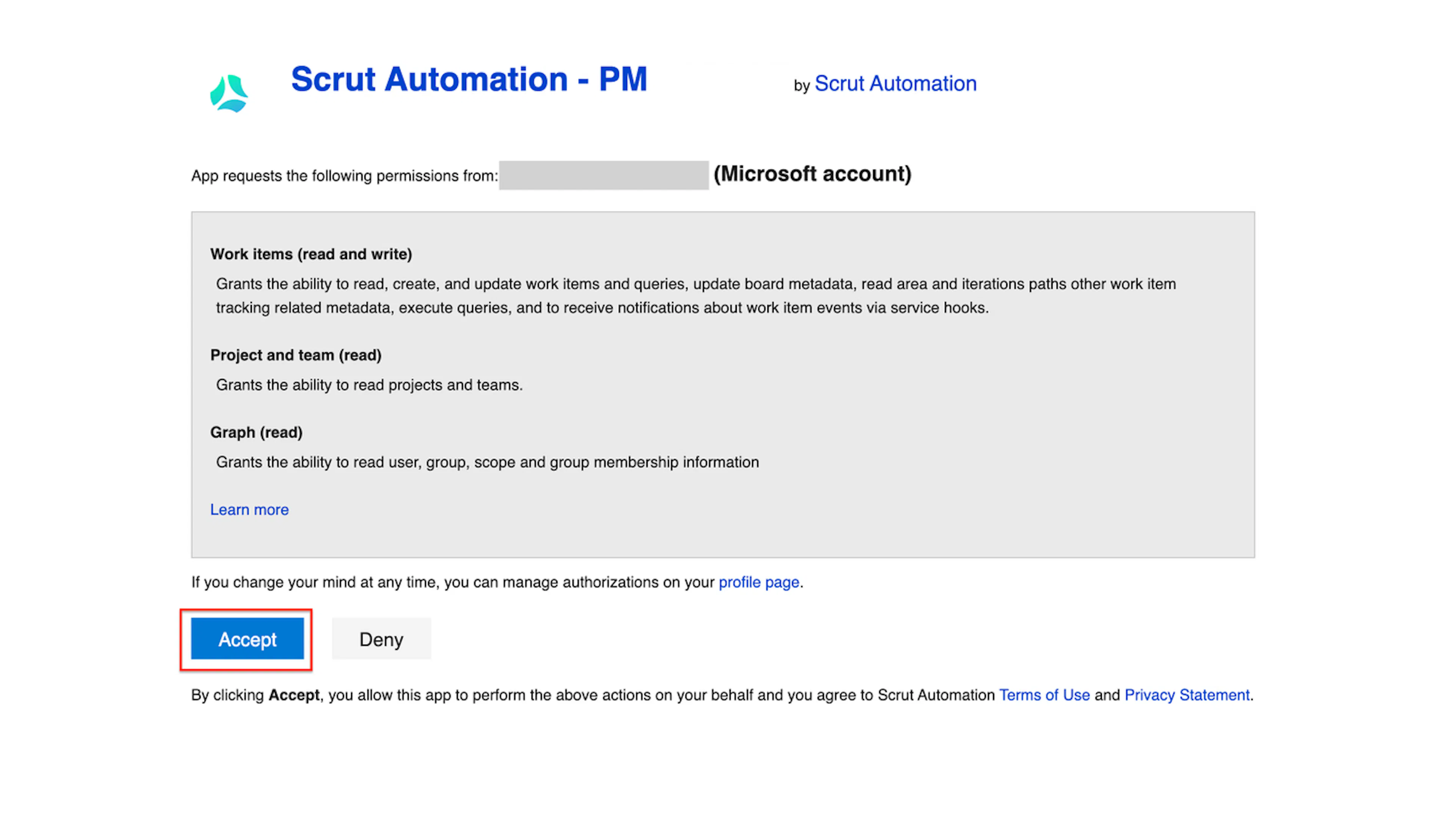 OAuth permissions screen showing Work items, Project and team, and Graph scopes