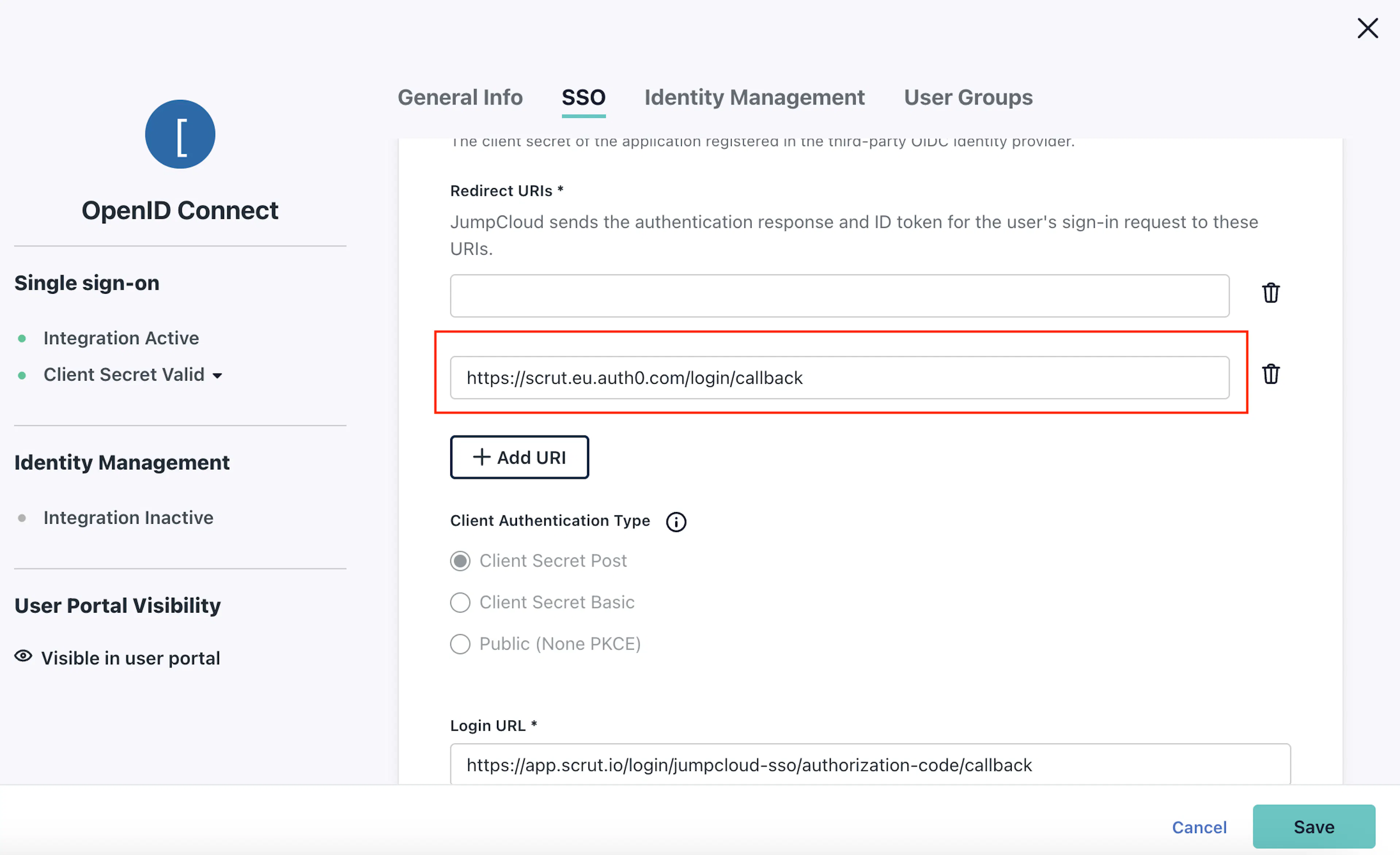 JumpCloud Redirect URL