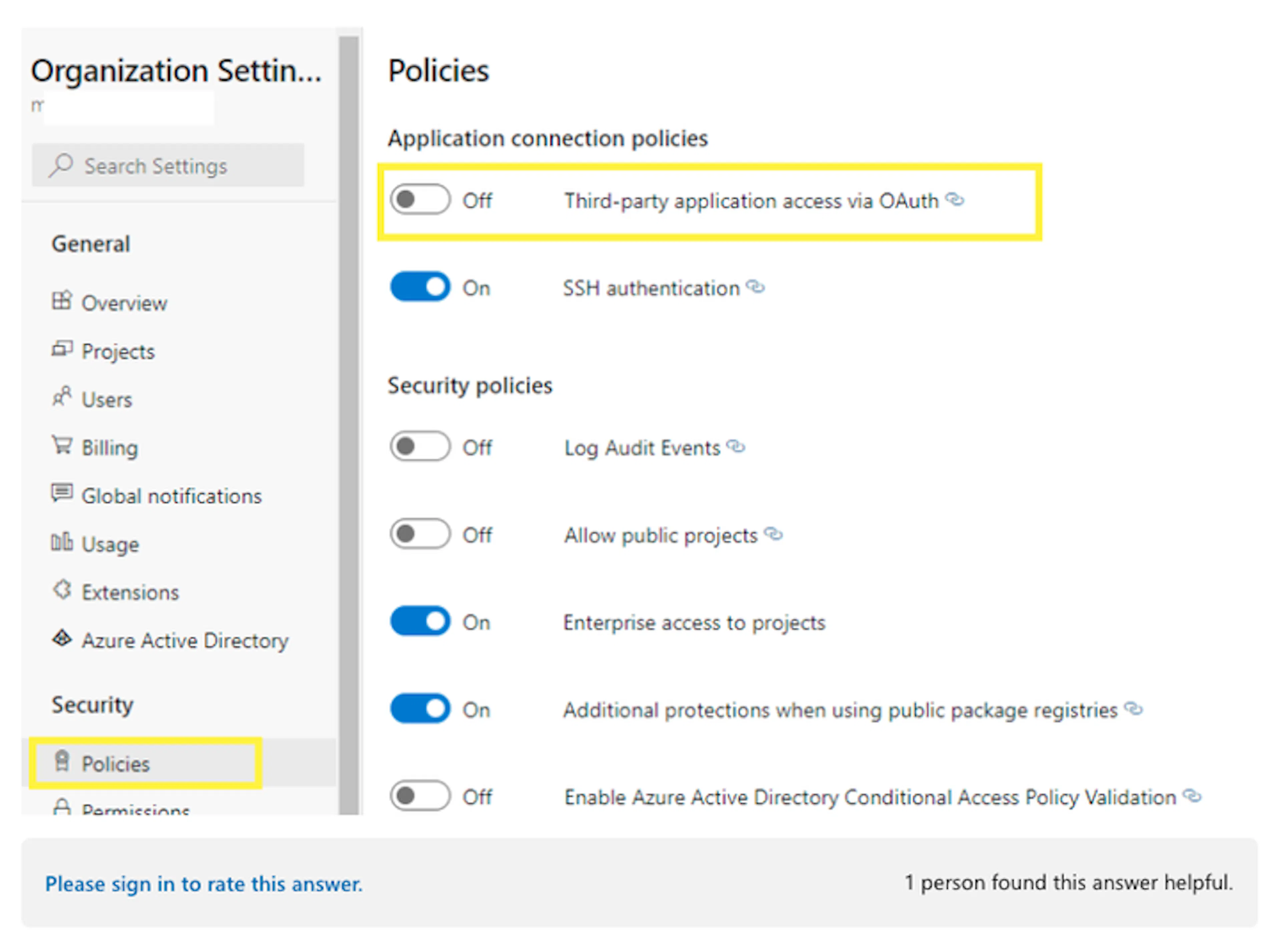 Azure DevOps Organization Settings Policies page showing Third-party application access via OAuth toggle