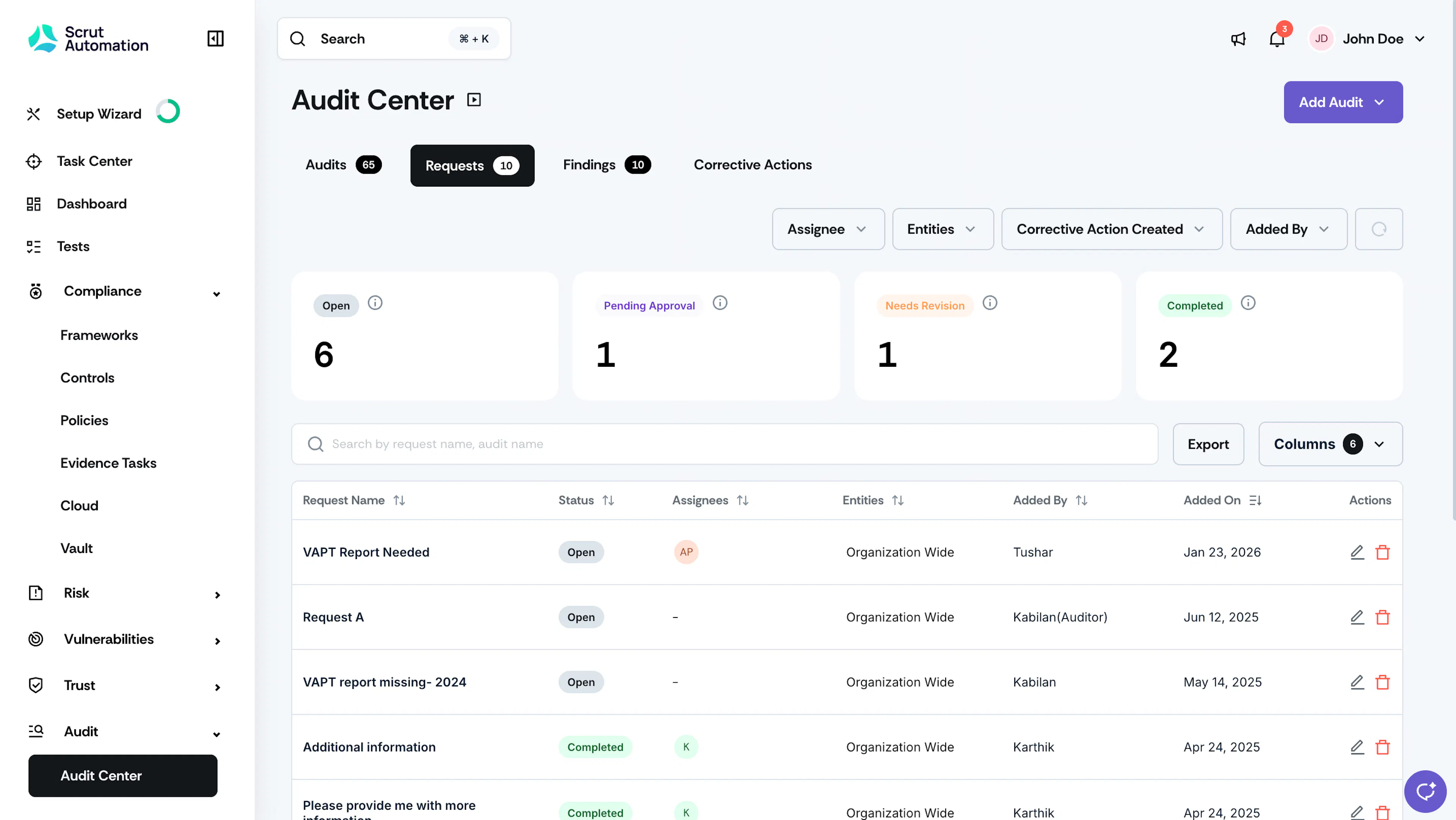Requests Tab in the Audit Center