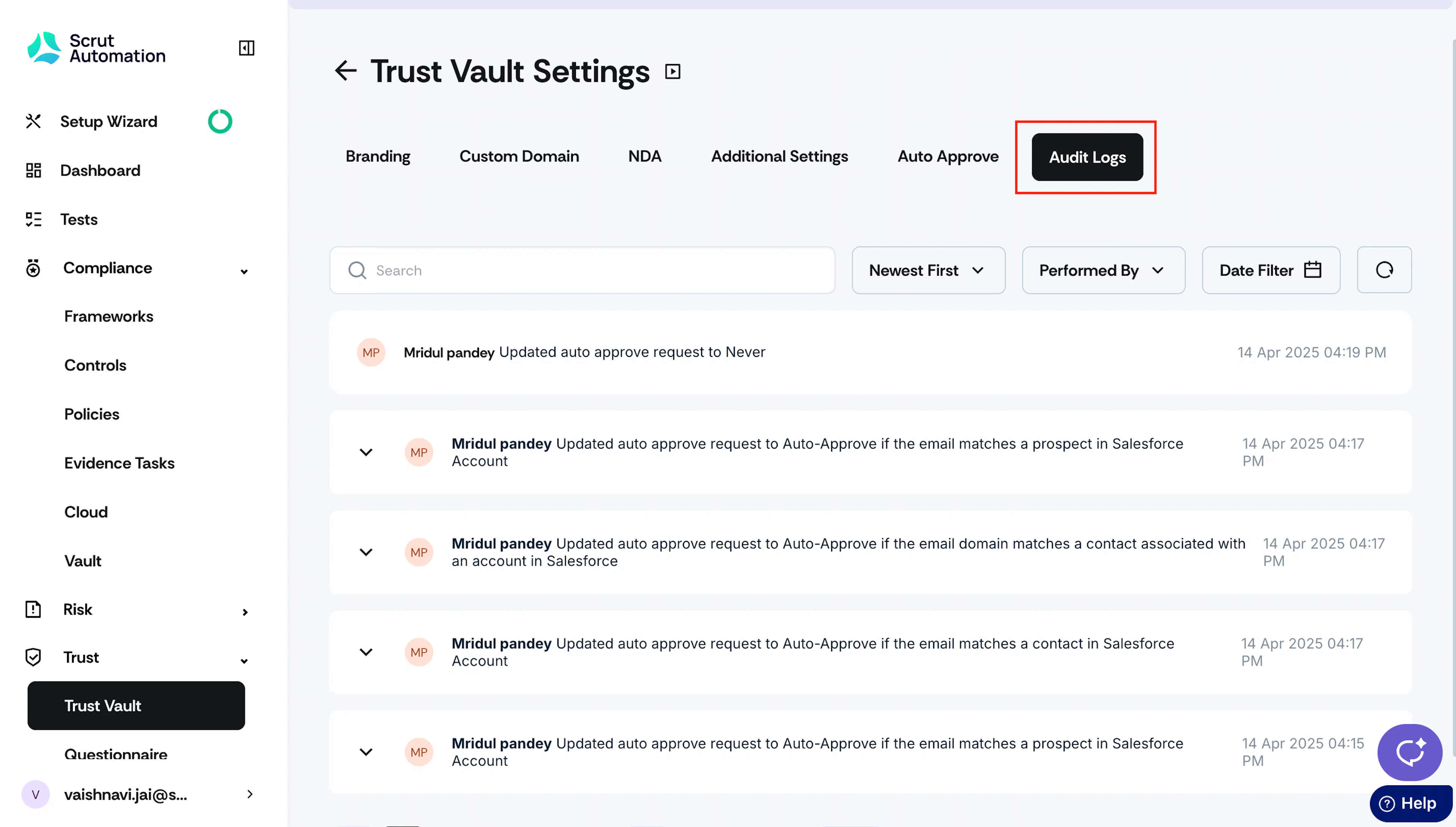 Trust Vault Settings → Audit Logs